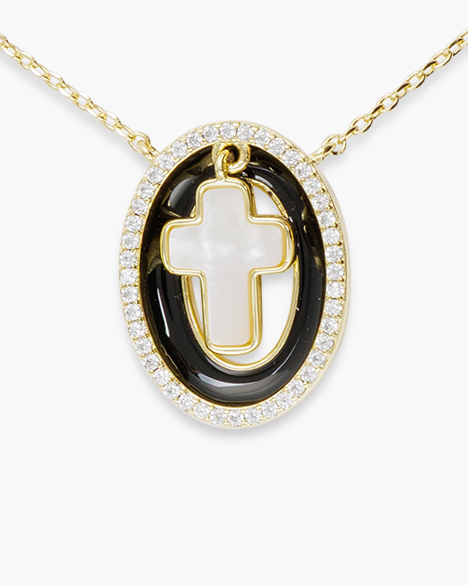 Gold CZ MOP Black Framed Classical Cross Necklace