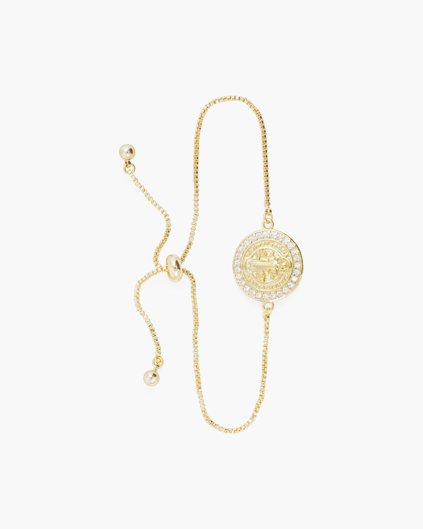 Gold CZ Miraculous Medal Pull Cord Bracelet