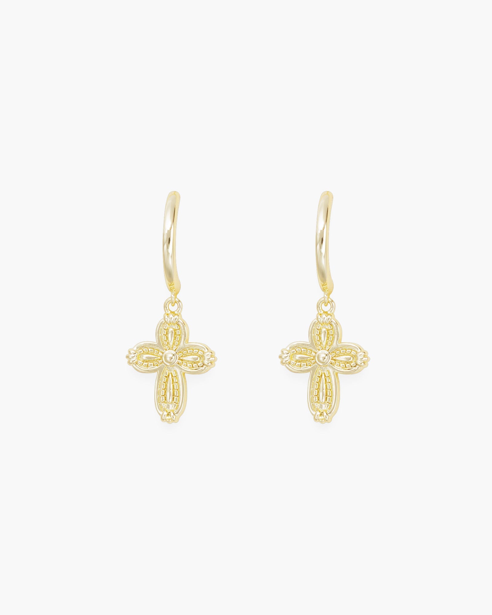 Gold Patterned Small Cross Hoop Drop Earrings