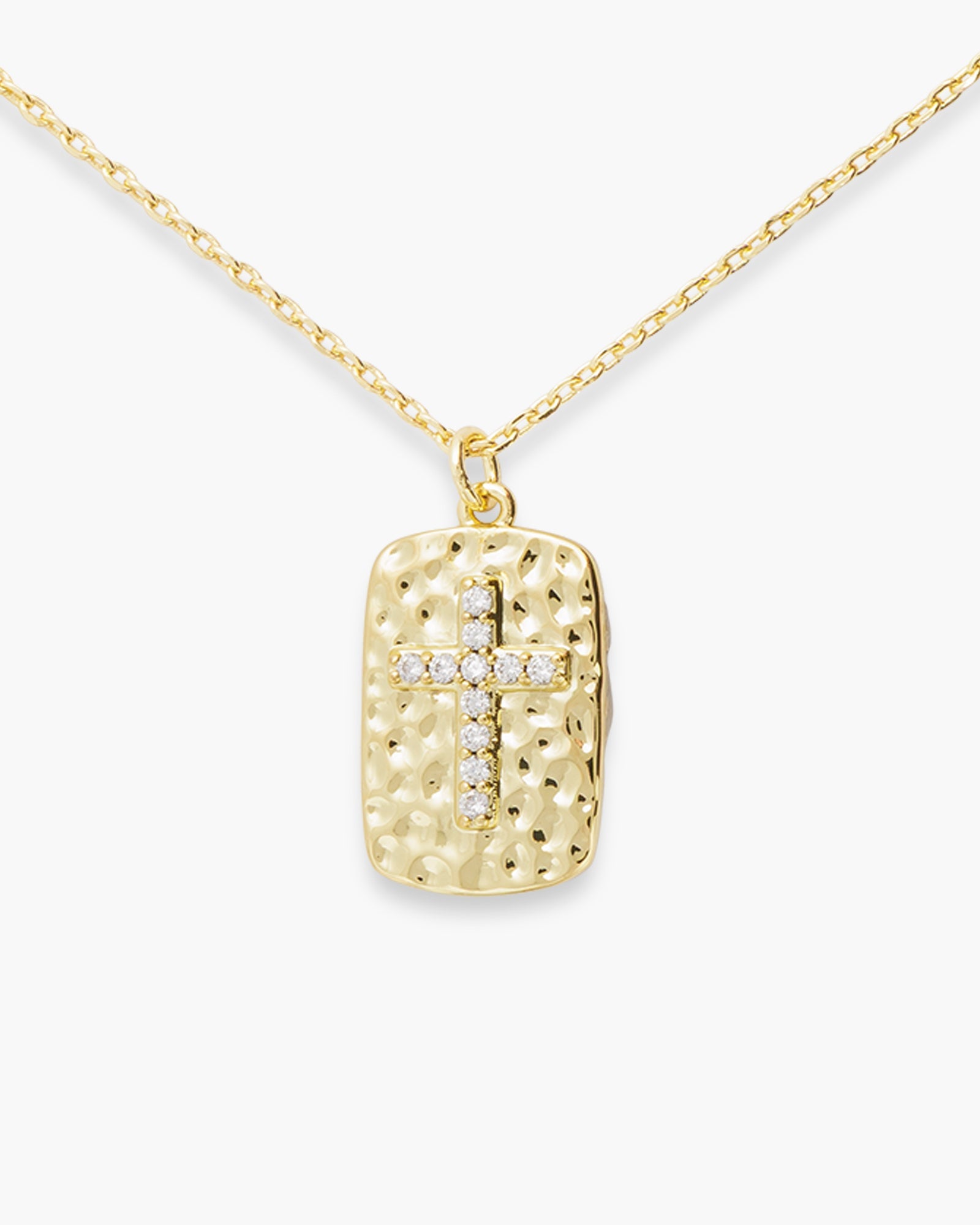Gold CZ Hammered Pendant Cross Necklace