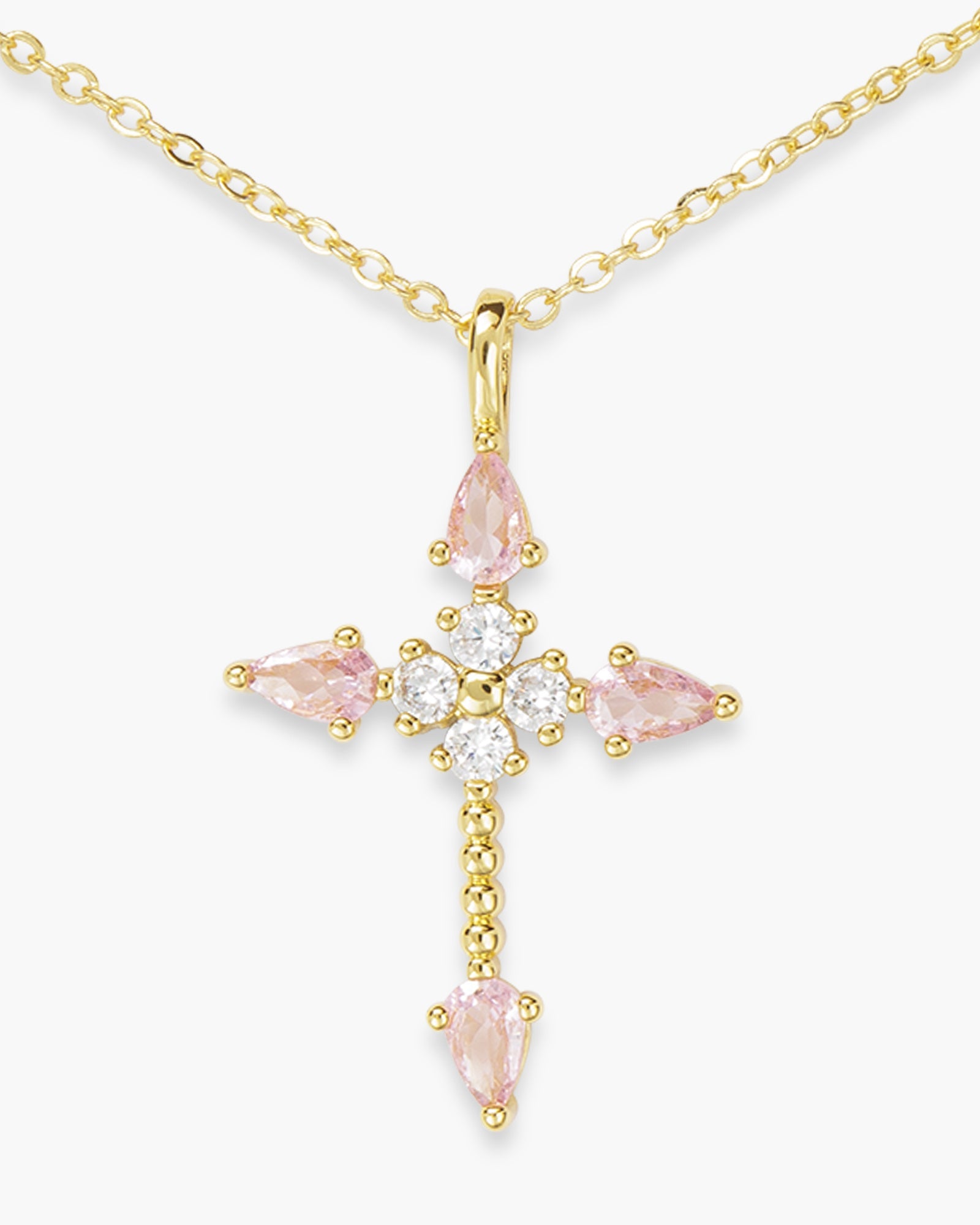 Gold Pink CZ Pear Shape Stone Cross Necklace