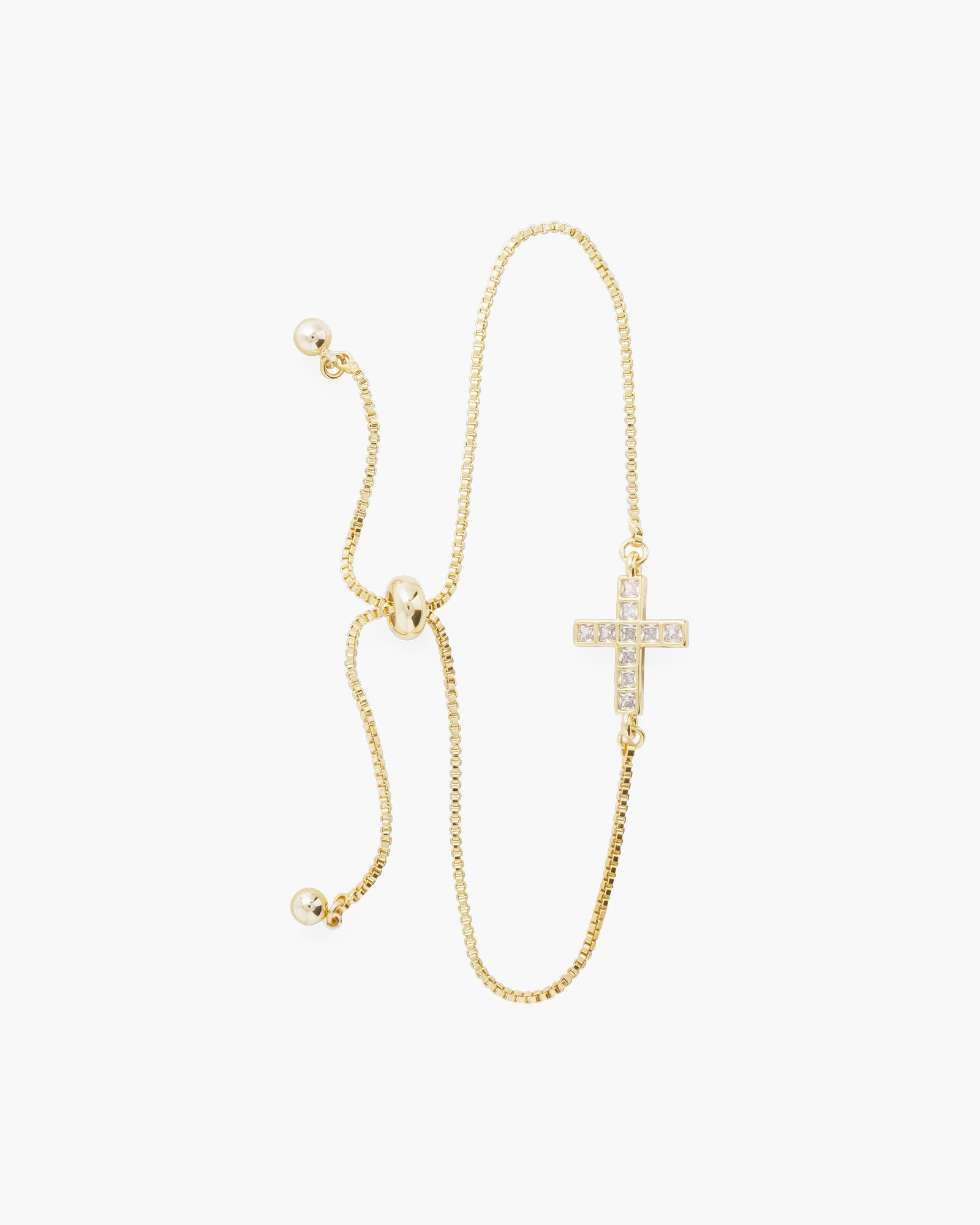 Gold CZ Framed Cross Pull Cord Bracelet