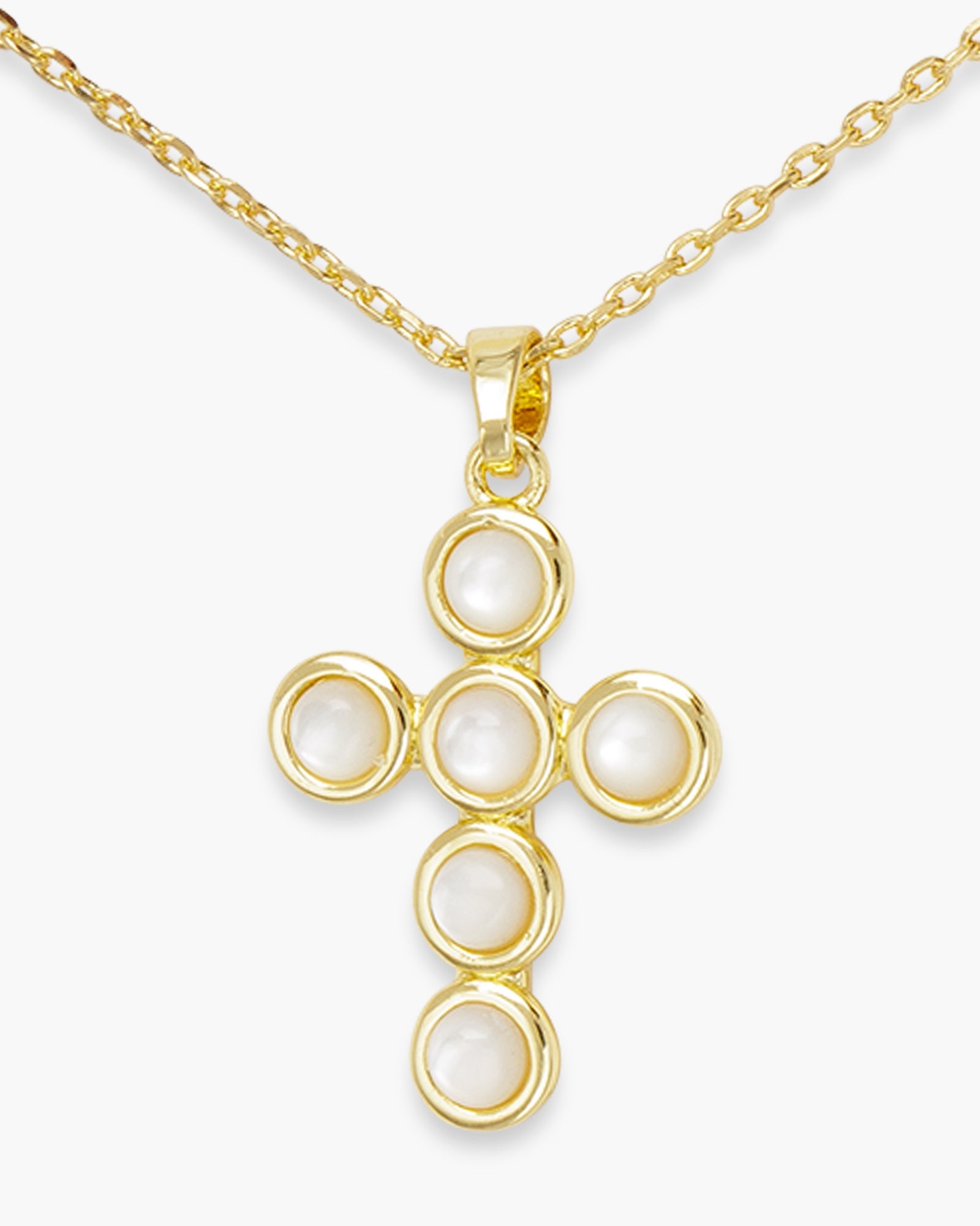 Gold MOP Circle Set Cross Necklace