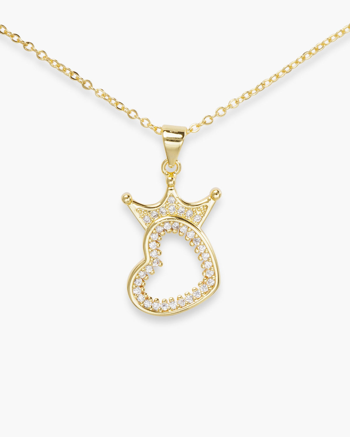 Gold CZ Heart and Crown Pendant Necklace