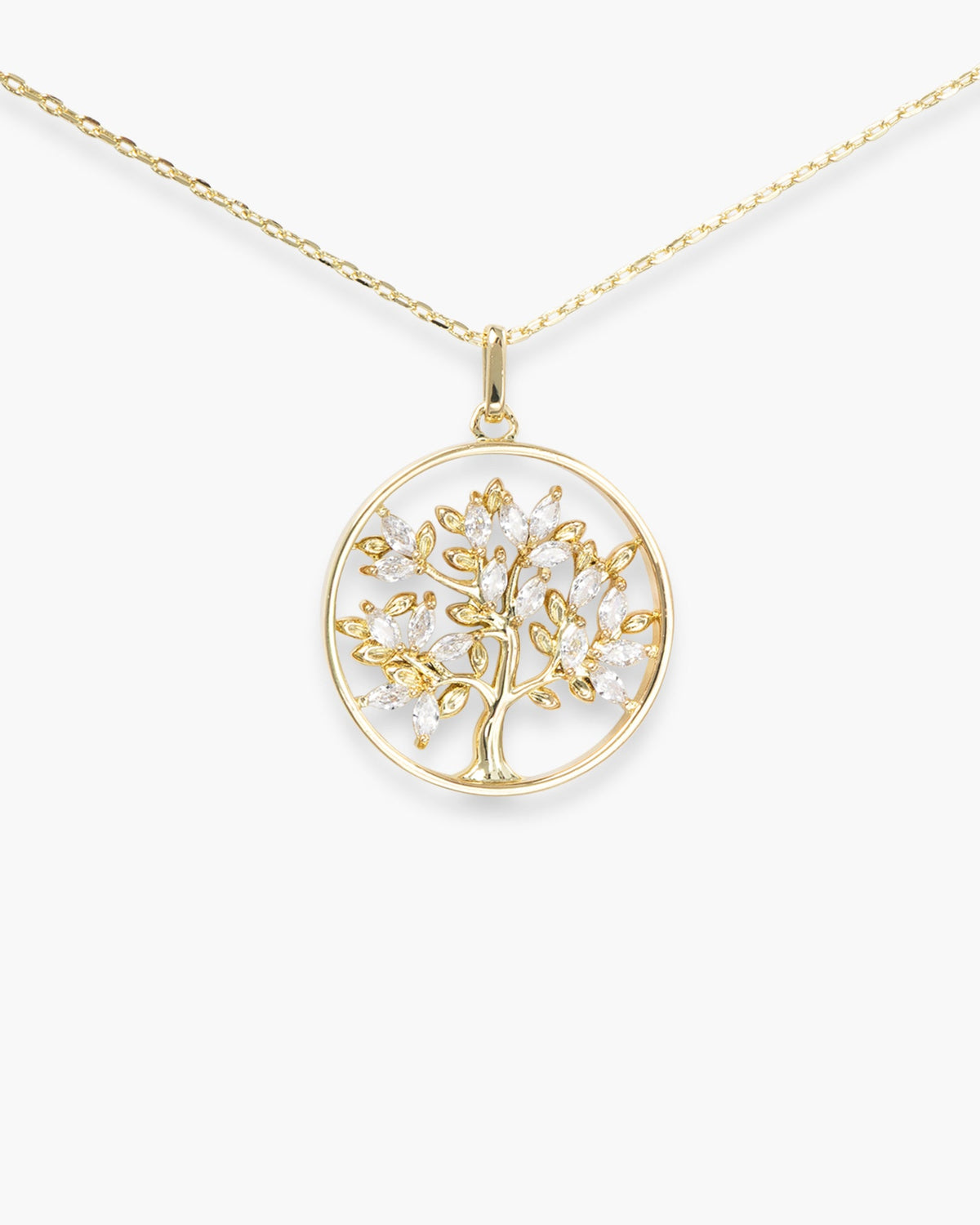 Gold CZ Family Tree Round Pendant Necklace