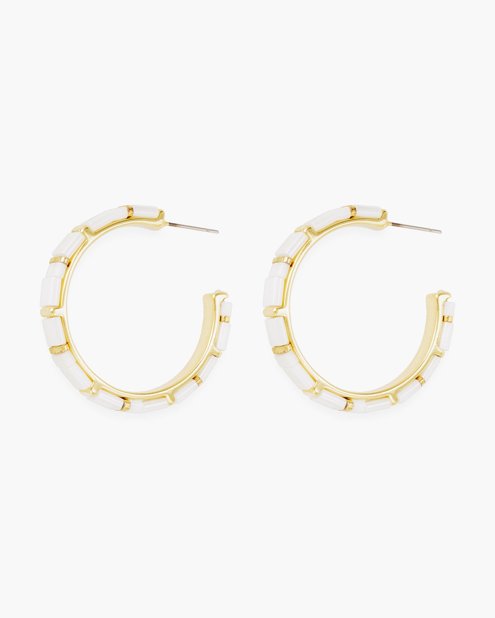 Gold Patterned Flat Bead Hoop Earrings