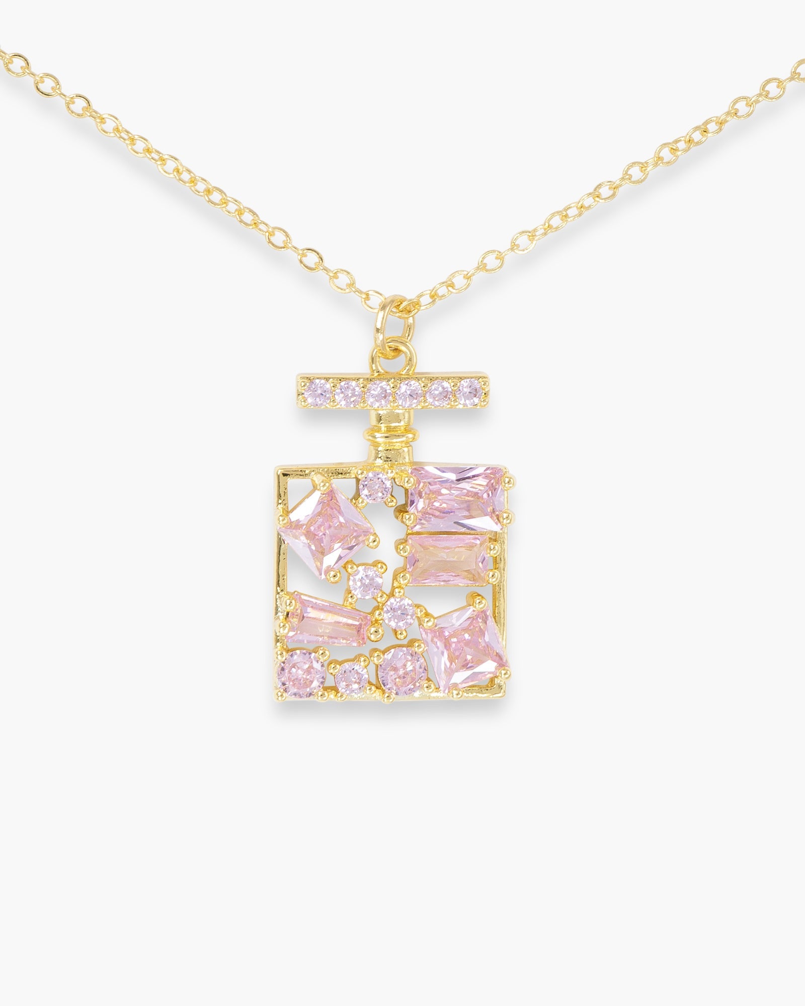 Gold CZ Pink Perfume Bottle Necklace