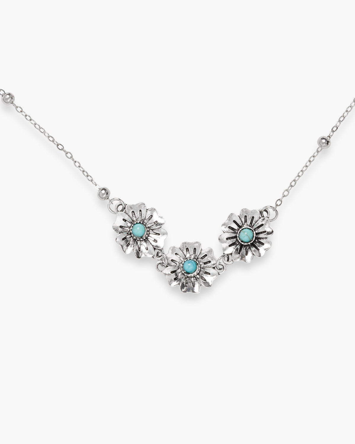 Silver Triple Flower and Stone Necklace