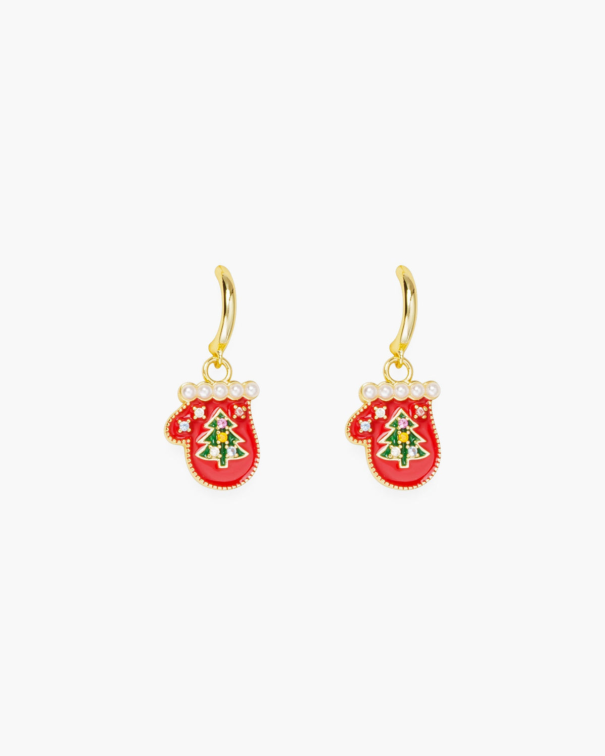 Gold Red Mitten with Tree Dangle Earrings