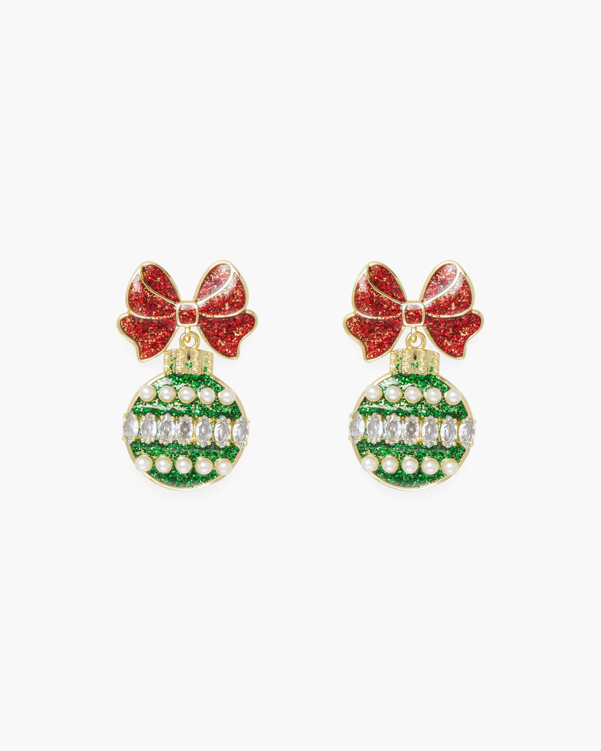 Gold Stud Green Ornament with Red Bow Earrings