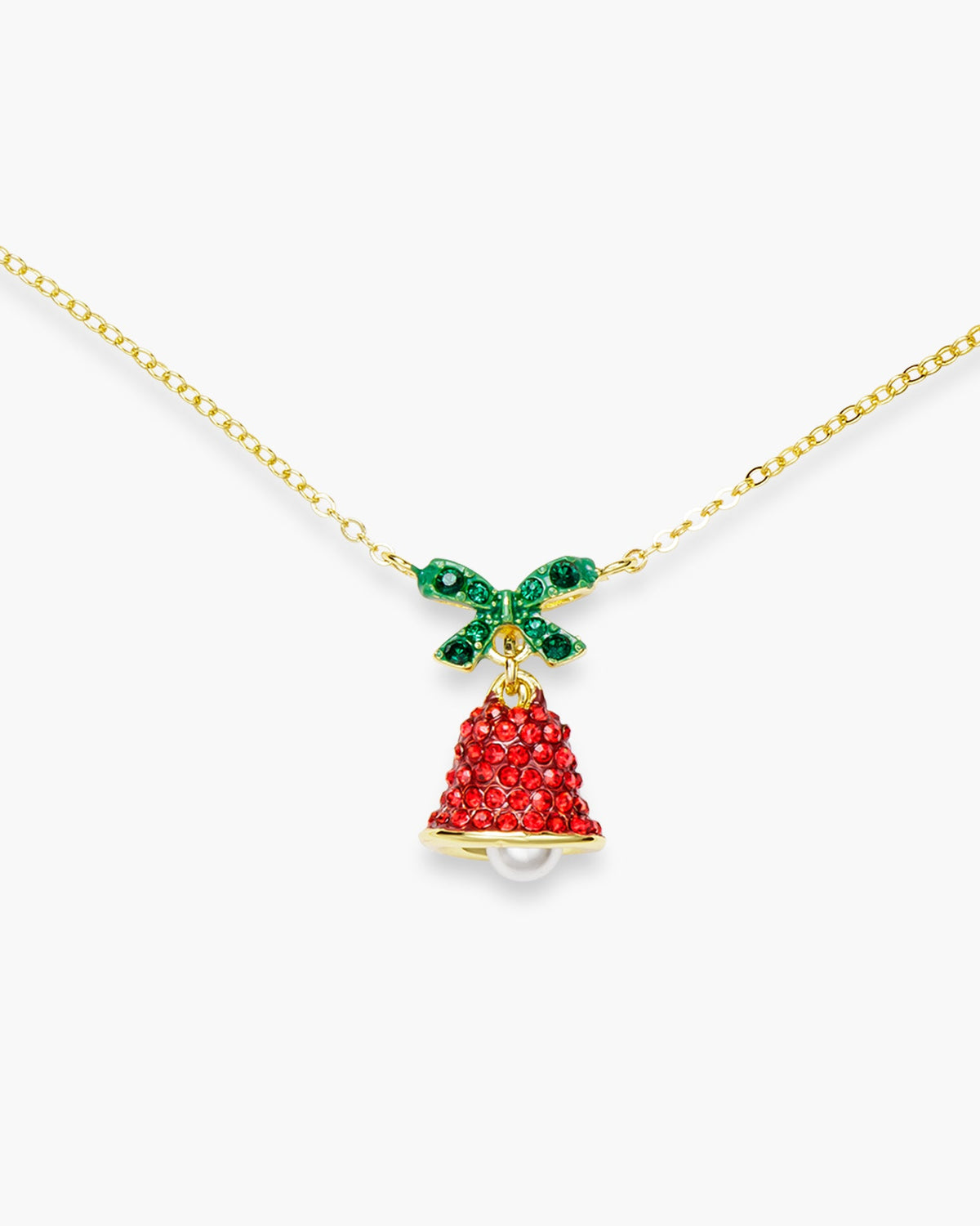 Gold Necklace Red CZ Bell with Green Bow Necklace