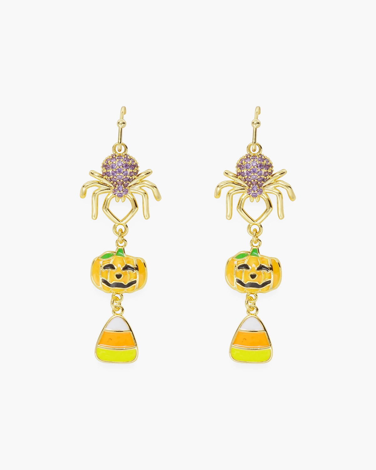 Gold Dangle Spider, Pumpkin, Candy Corn Earrings