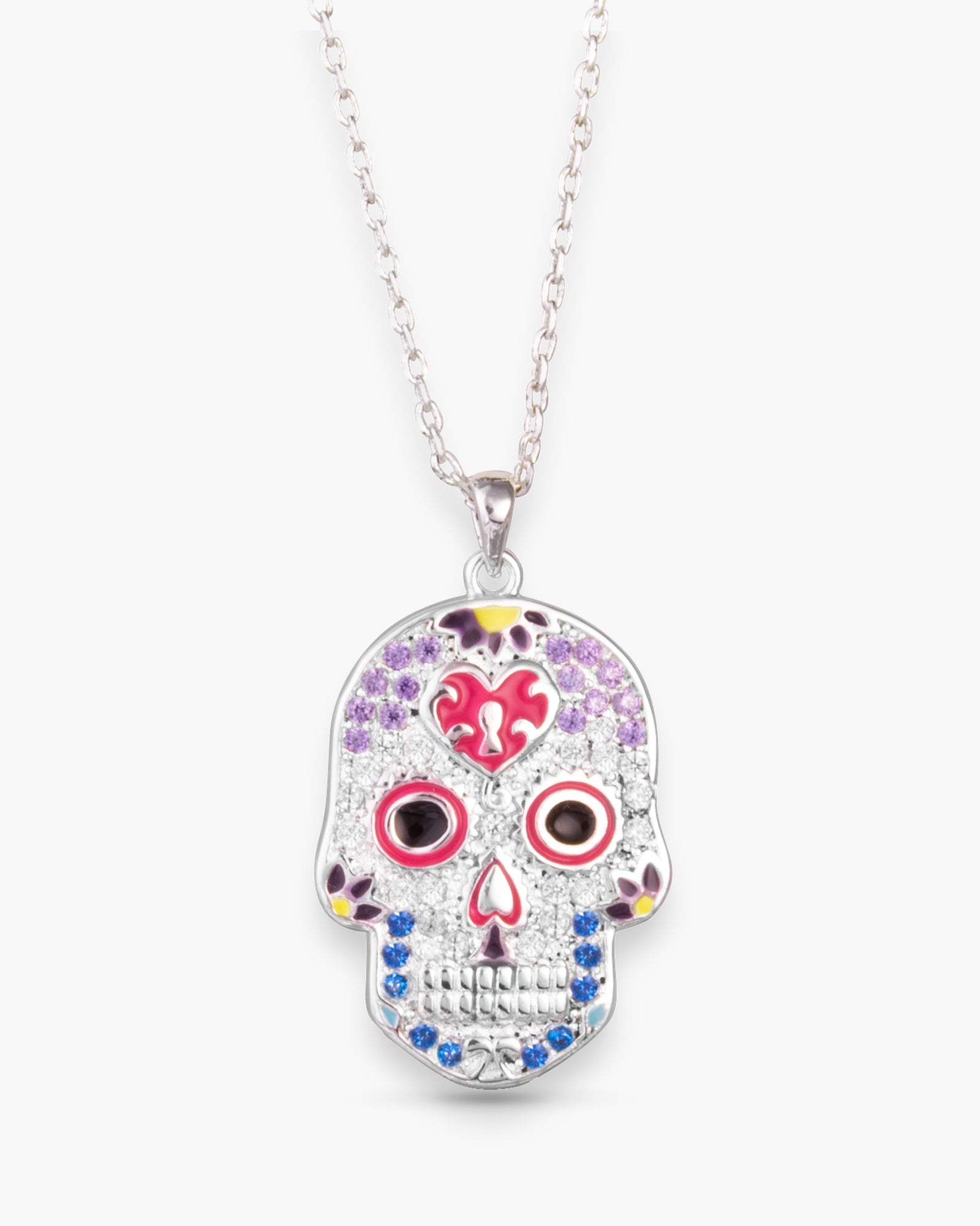 Silver Sugar Skull Necklace Pink/Blue
