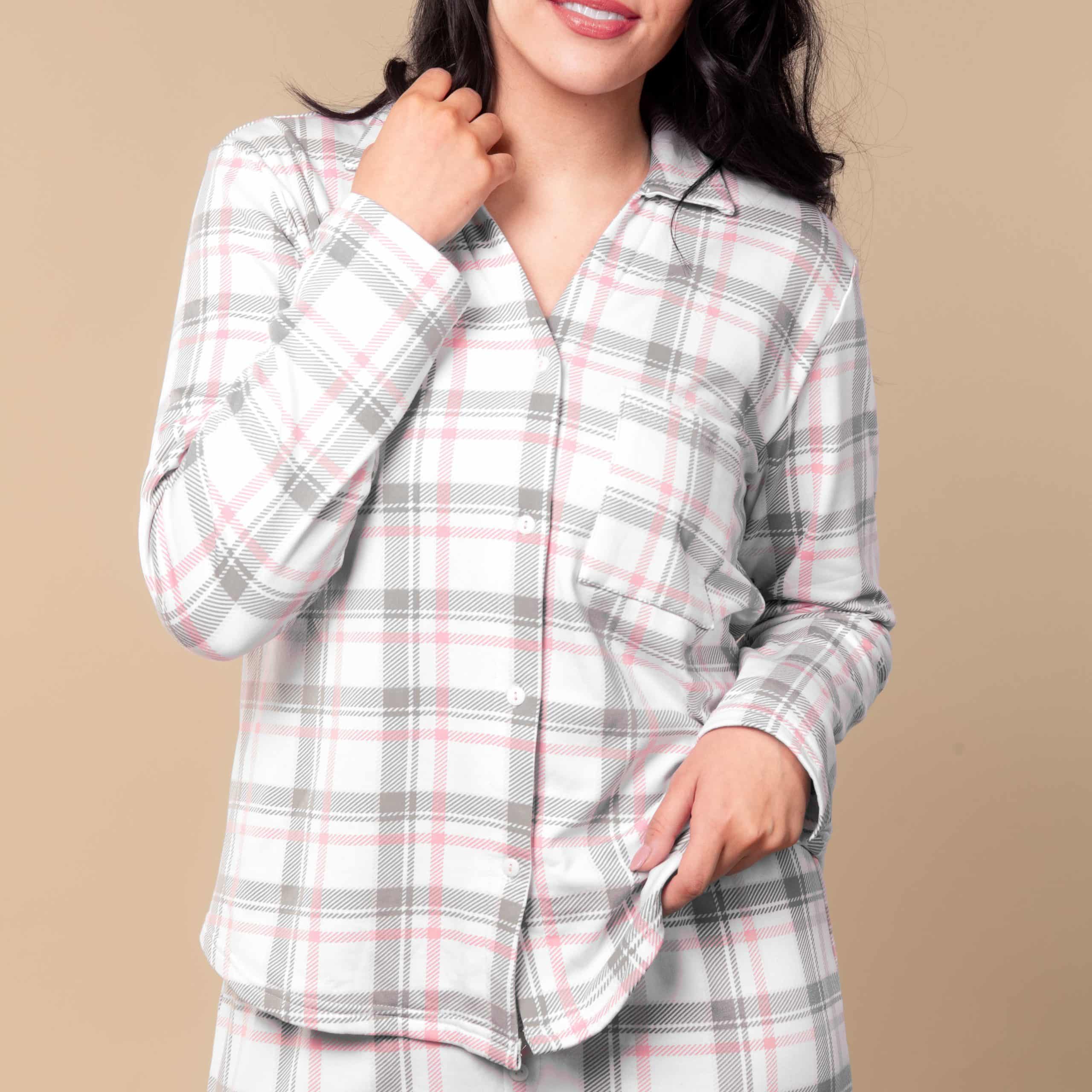 Pink and Grey Plaid Pajama Top | Cloud Plush Long Sleeve PJs