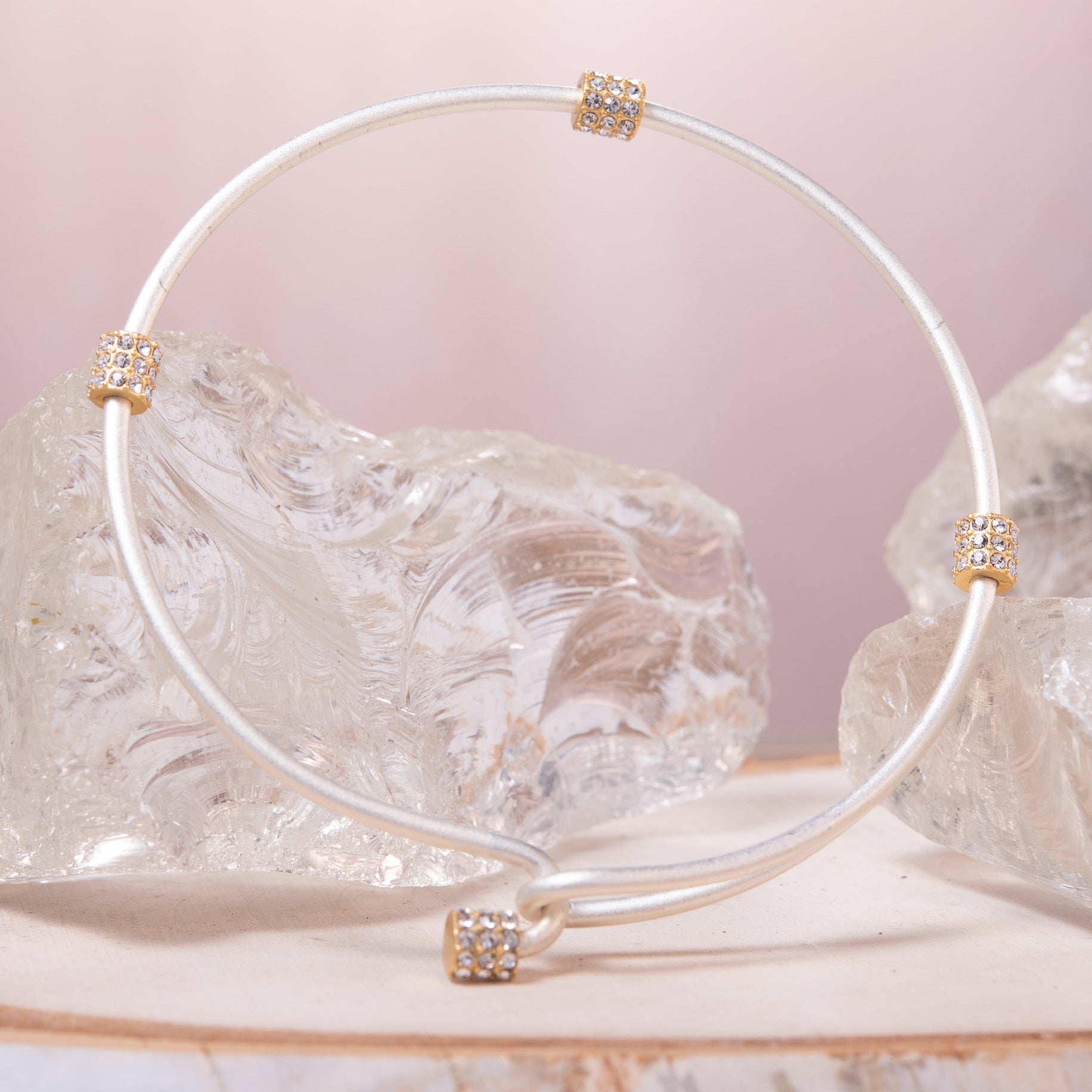 Crystal Two-Tone Clasp Bangle - Silver with Gold