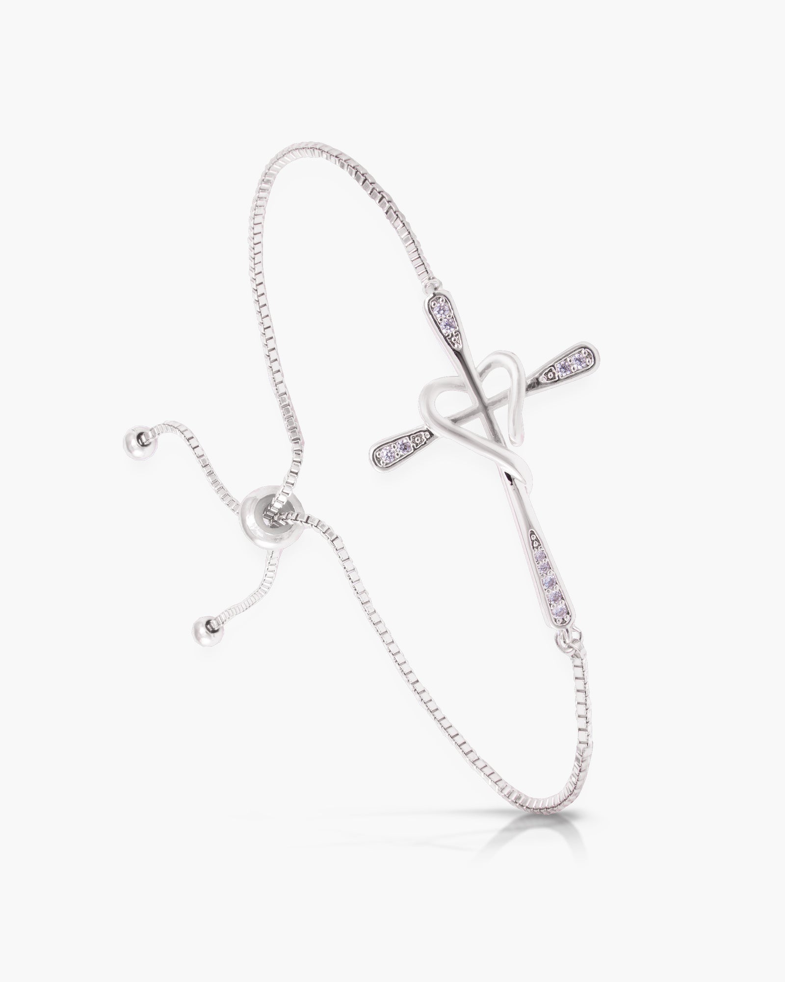 Pave Cross Heart Pull-Cord Bracelet - Silver