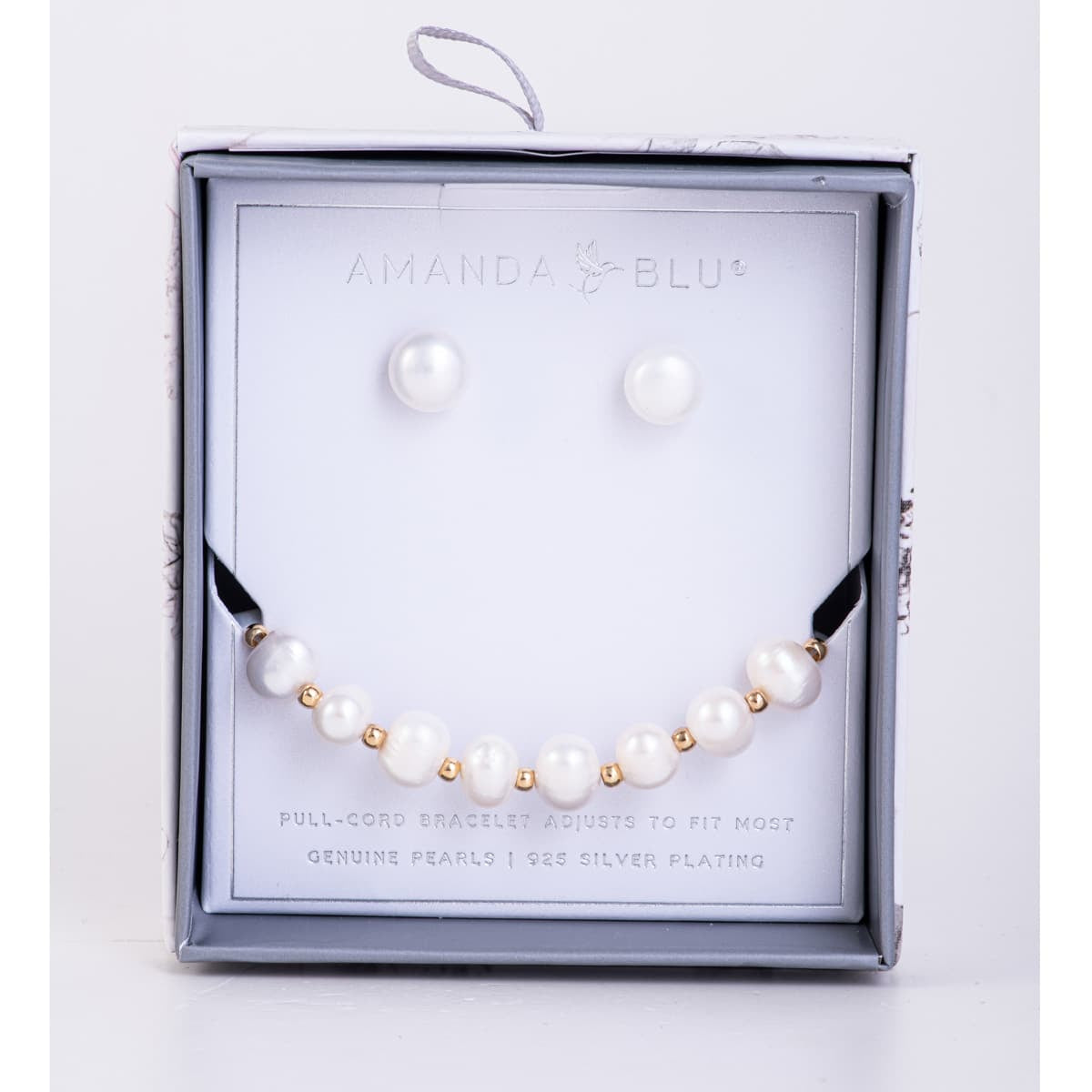 Boxed Pearl Earring & Adjustable Bracelet Set - Natural White Stud/ Spaced