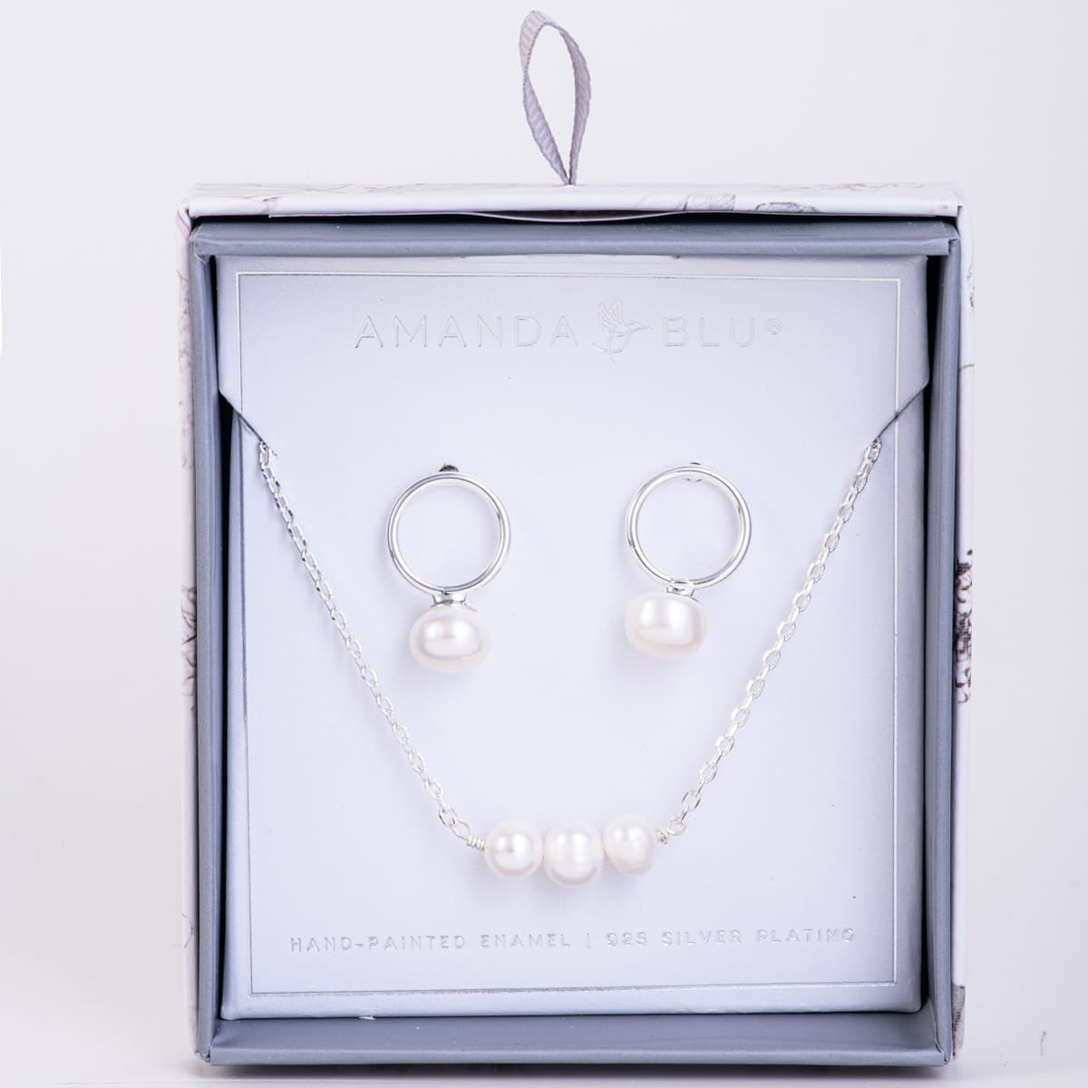Boxed Pearl Earring & Necklace Set - Silver White Flat Hoop/Row