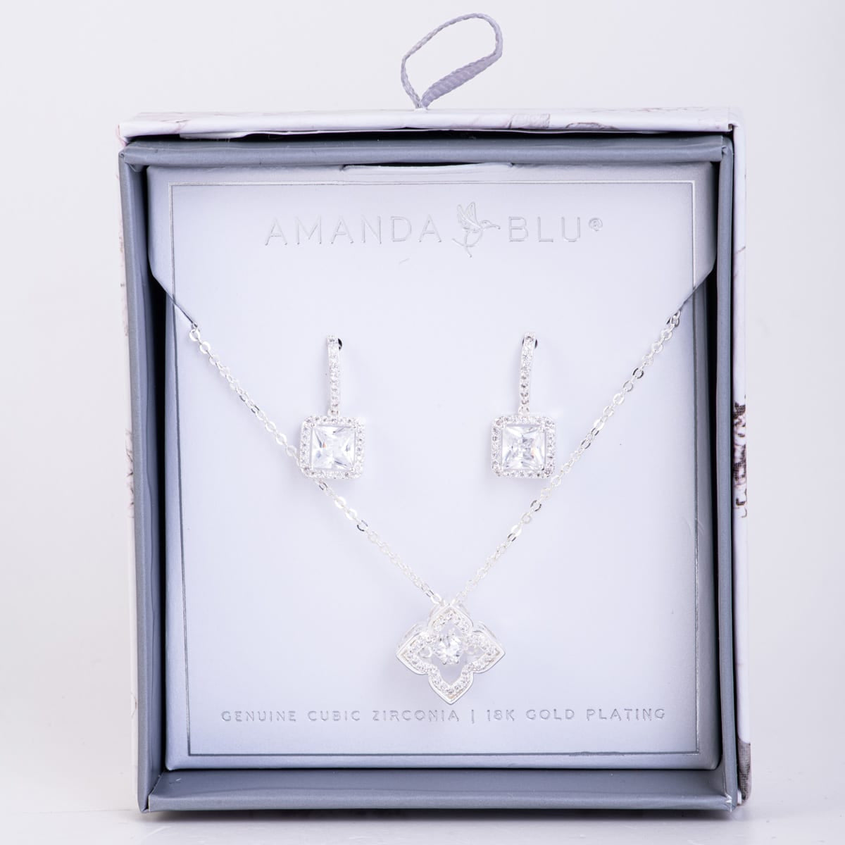 Boxed CZ Earring & Necklace Set - Silver Square Halo/Quatrefoil