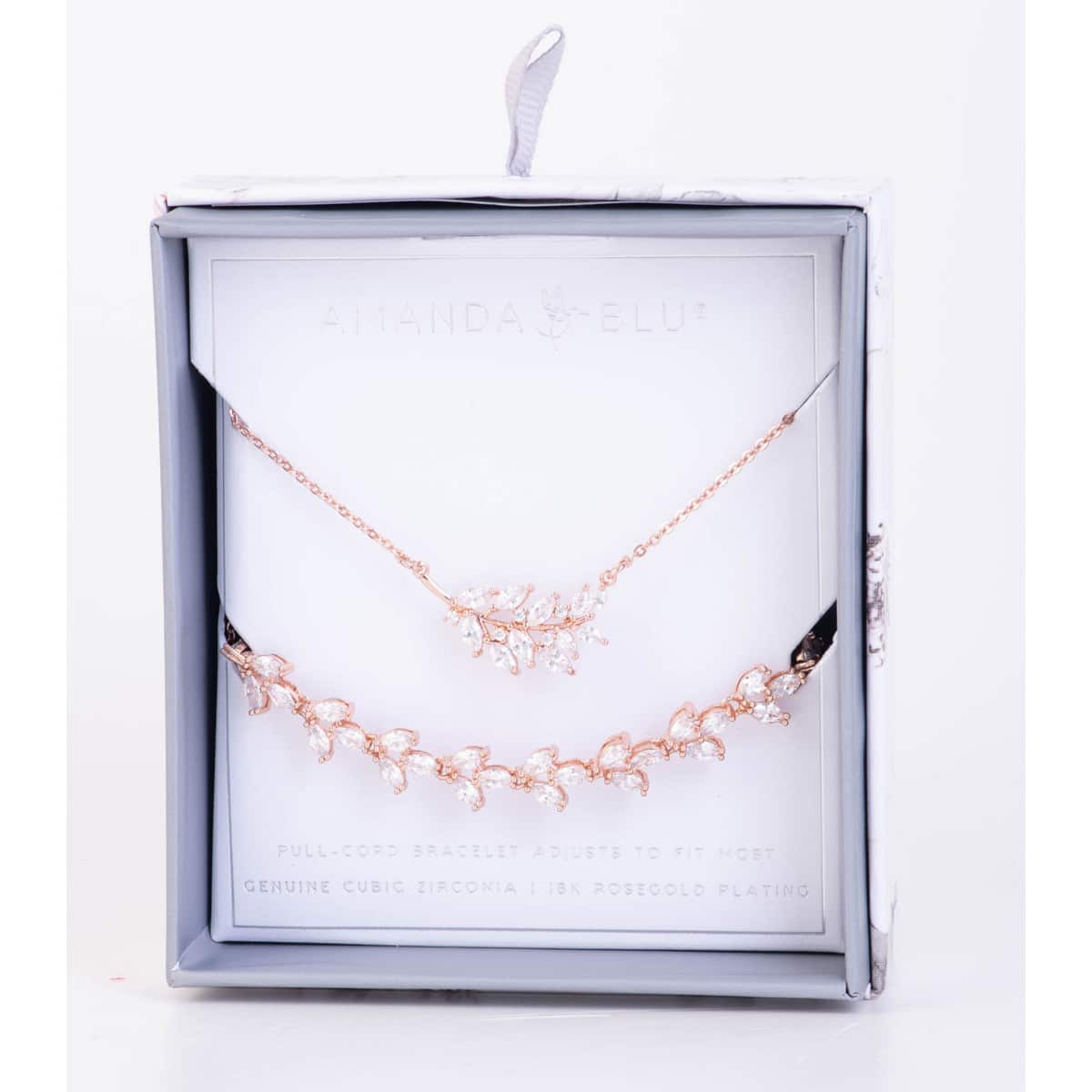 Boxed CZ Necklace & Adjustable Bracelet Set - Rosegold Leaves/Vine
