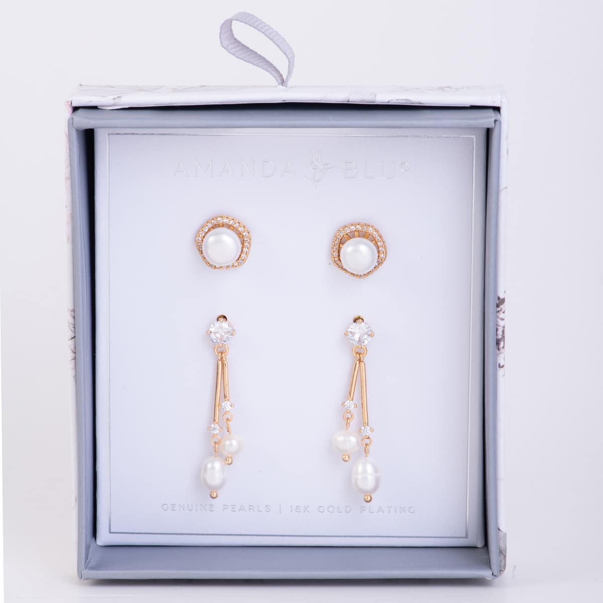 Boxed Pearl Earrings Set - Pentagon/Crystal Drops