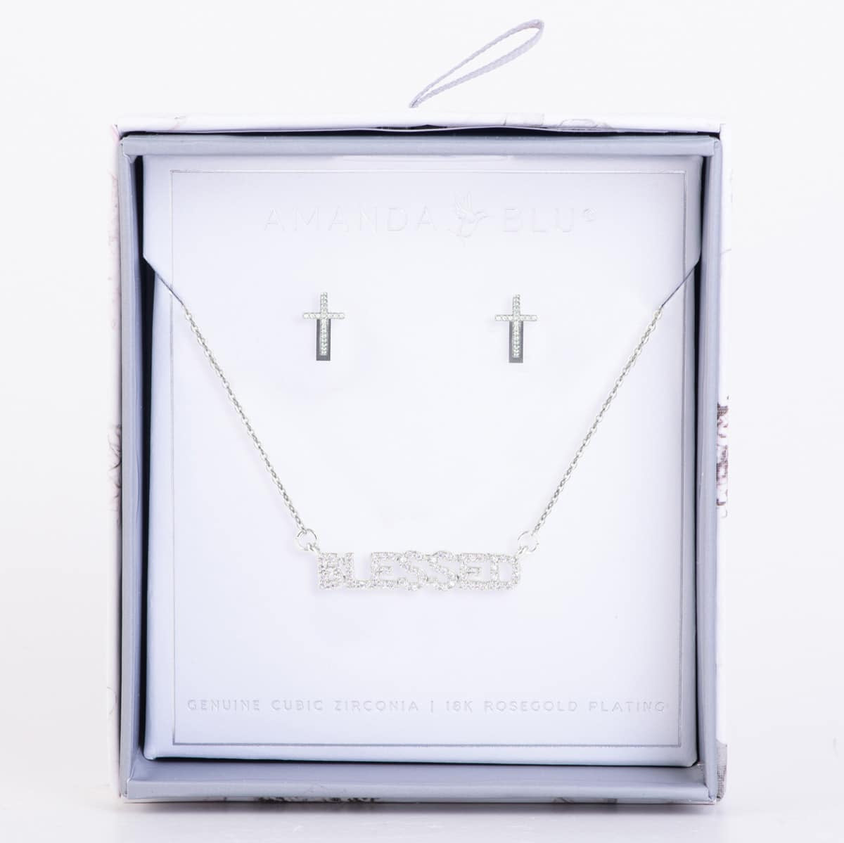 Boxed CZ Earring & Necklace Set - Cross Hug/Blessed