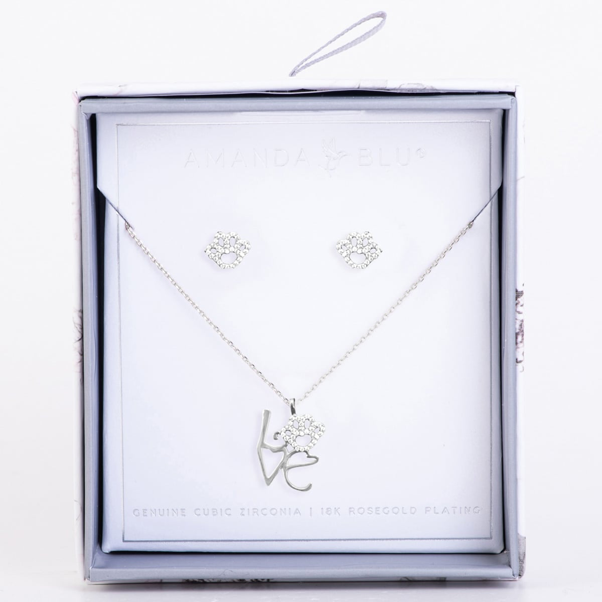 Boxed CZ Earring & Necklace Set - Paw/Love Pet-Silver