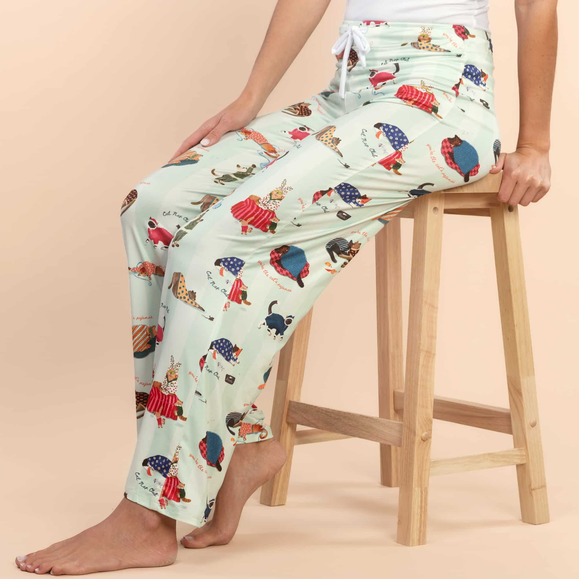 Cat Nap Pajama Pants | Soft Green Striped Kitty PJ Bottoms