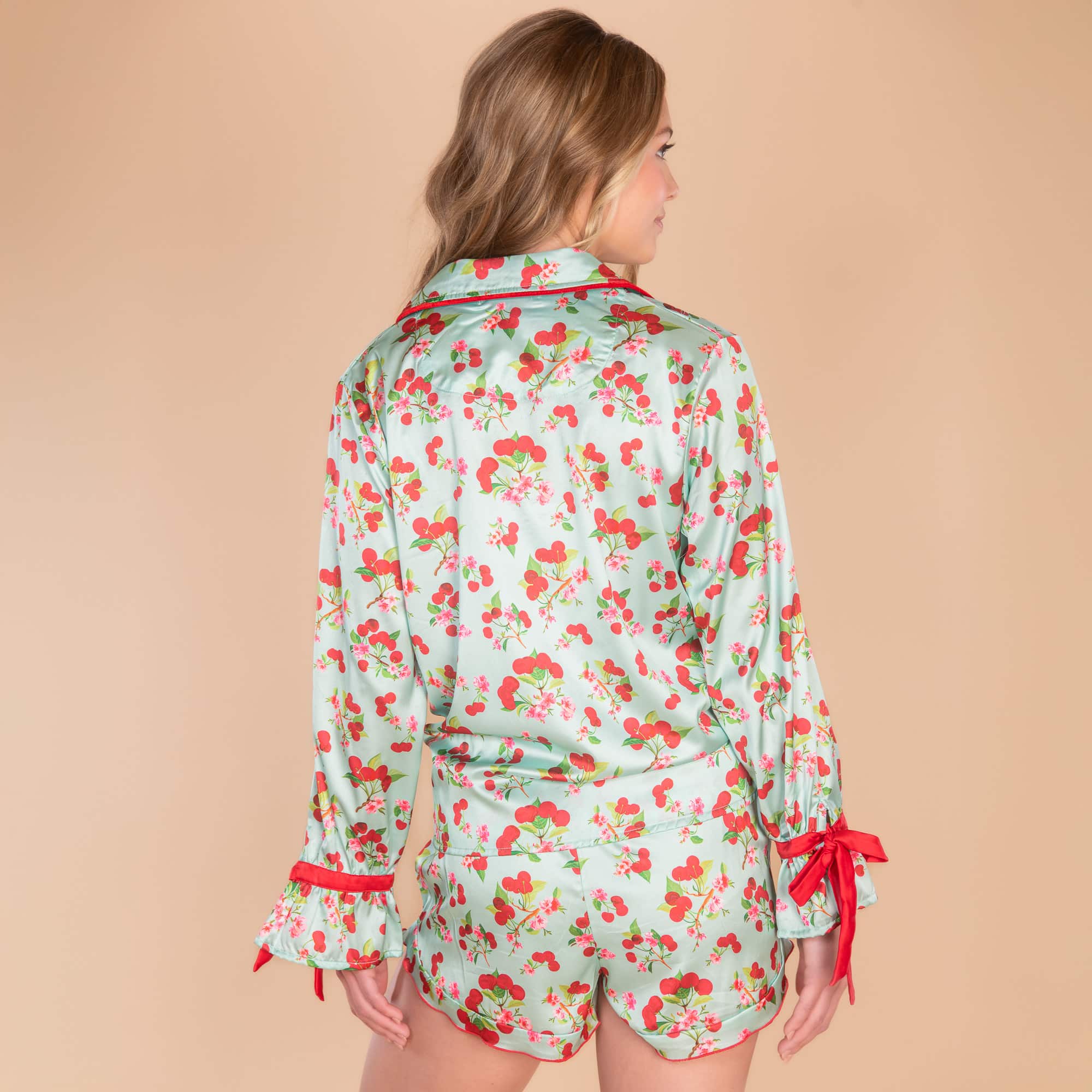 Cherry Blossom Satin Pajama Shorts | Blue Silk PJ Bottoms