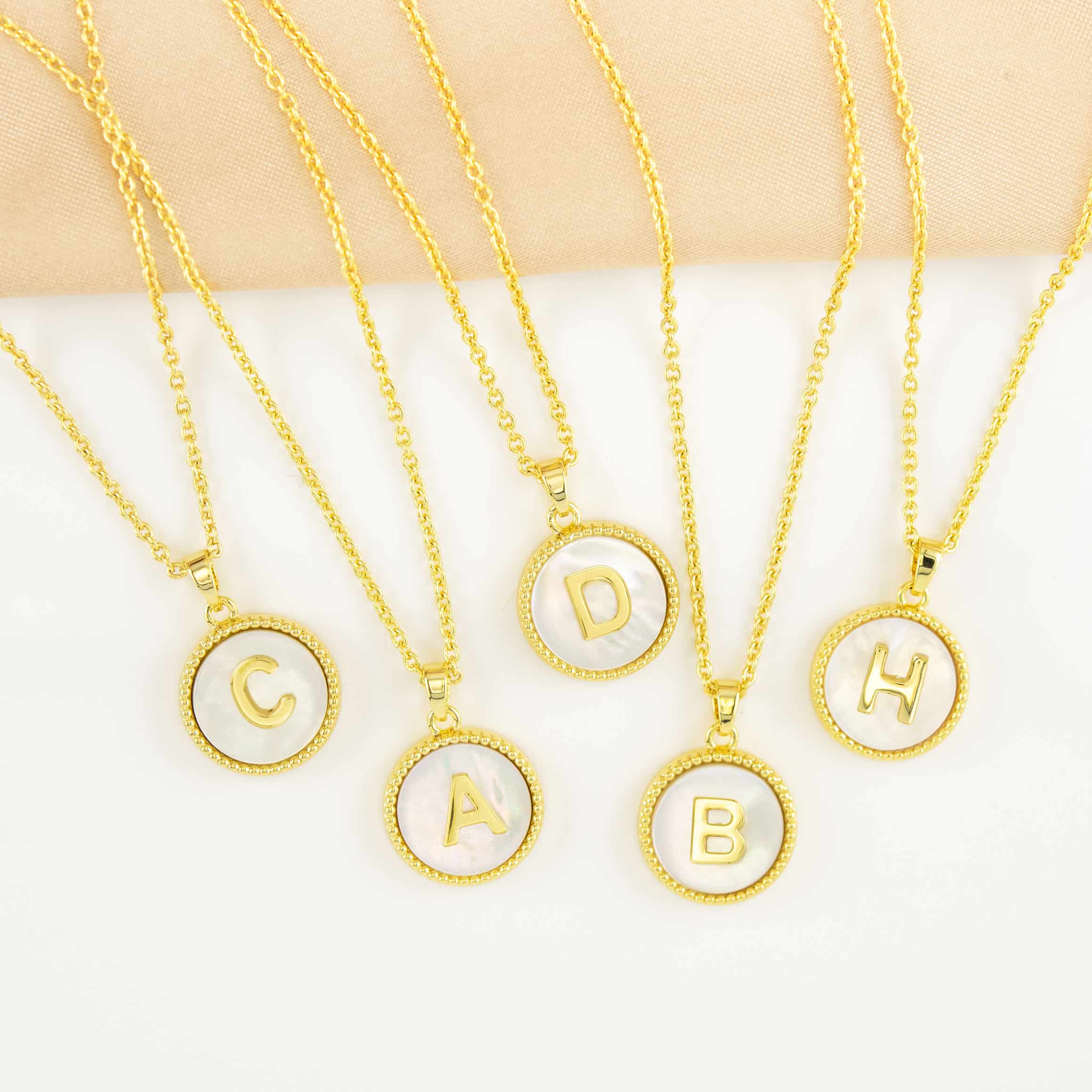 Gold Mother of Pearl Initial Necklaces | 18 Letters