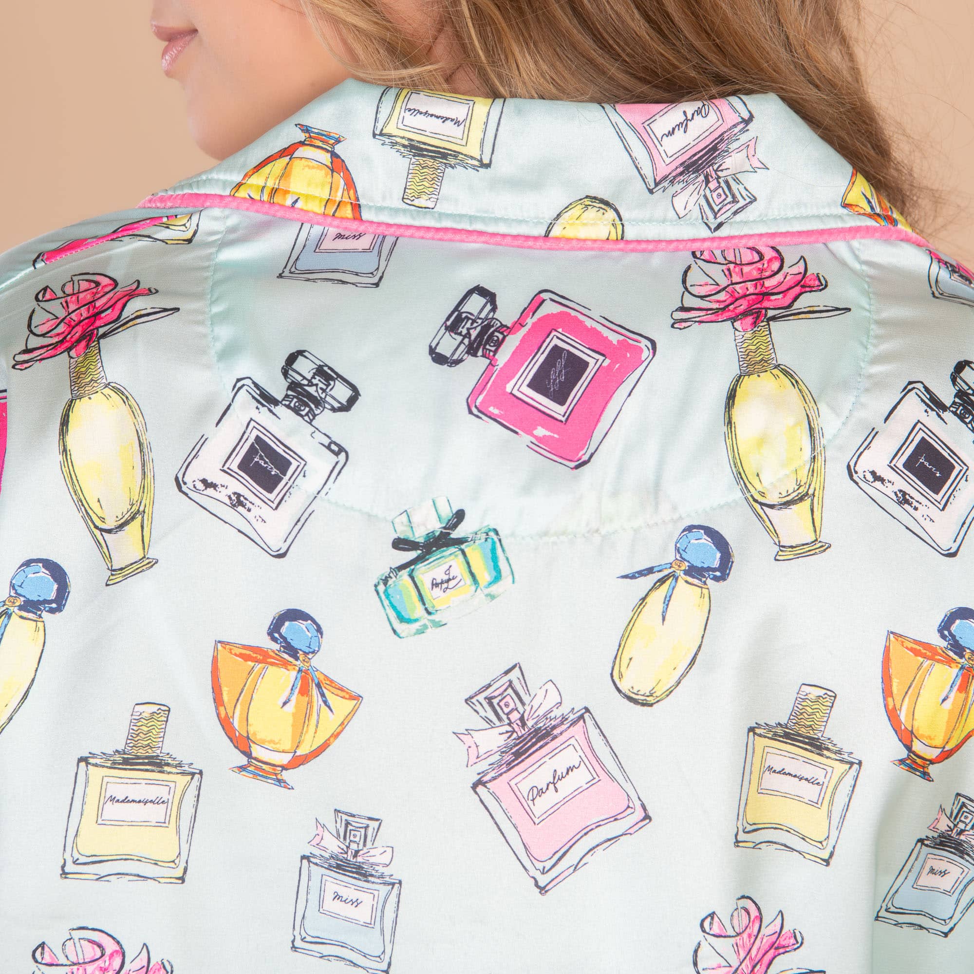 Parfumerie Satin Pajama Top | Blue Silk Perfume Bottles PJs