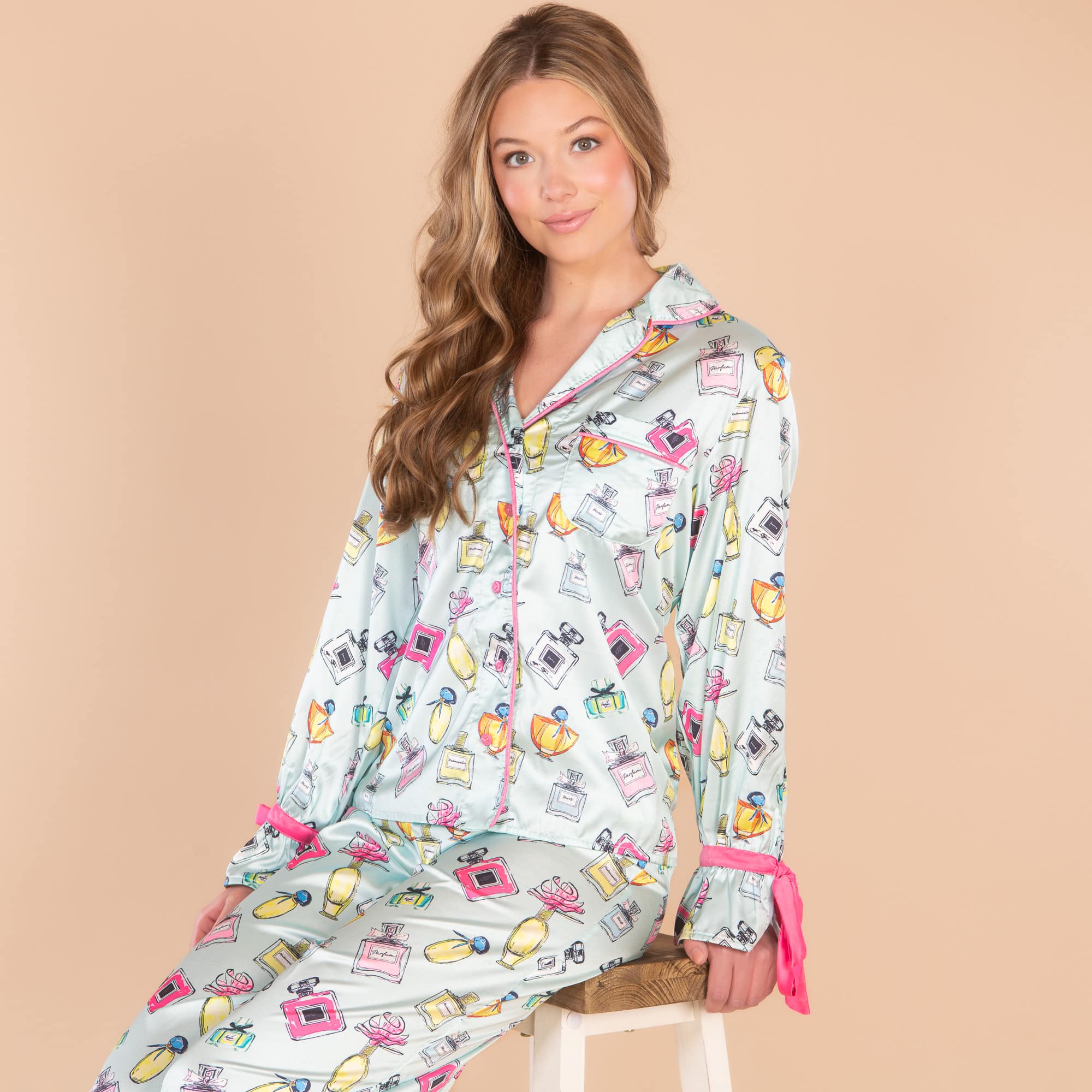 Parfumerie Satin Pajama Top | Blue Silk Perfume Bottles PJs