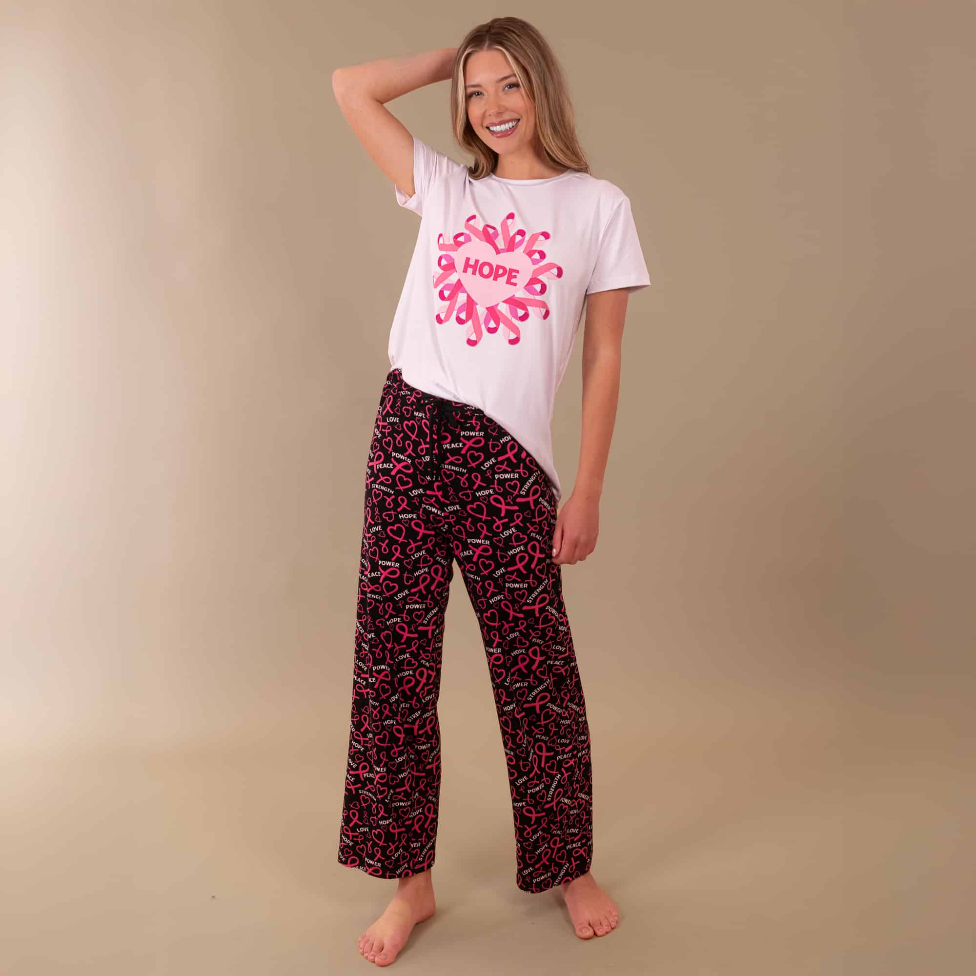 Pink Ribbon Hearts Pajama Pants Breast Cancer Awareness PJs