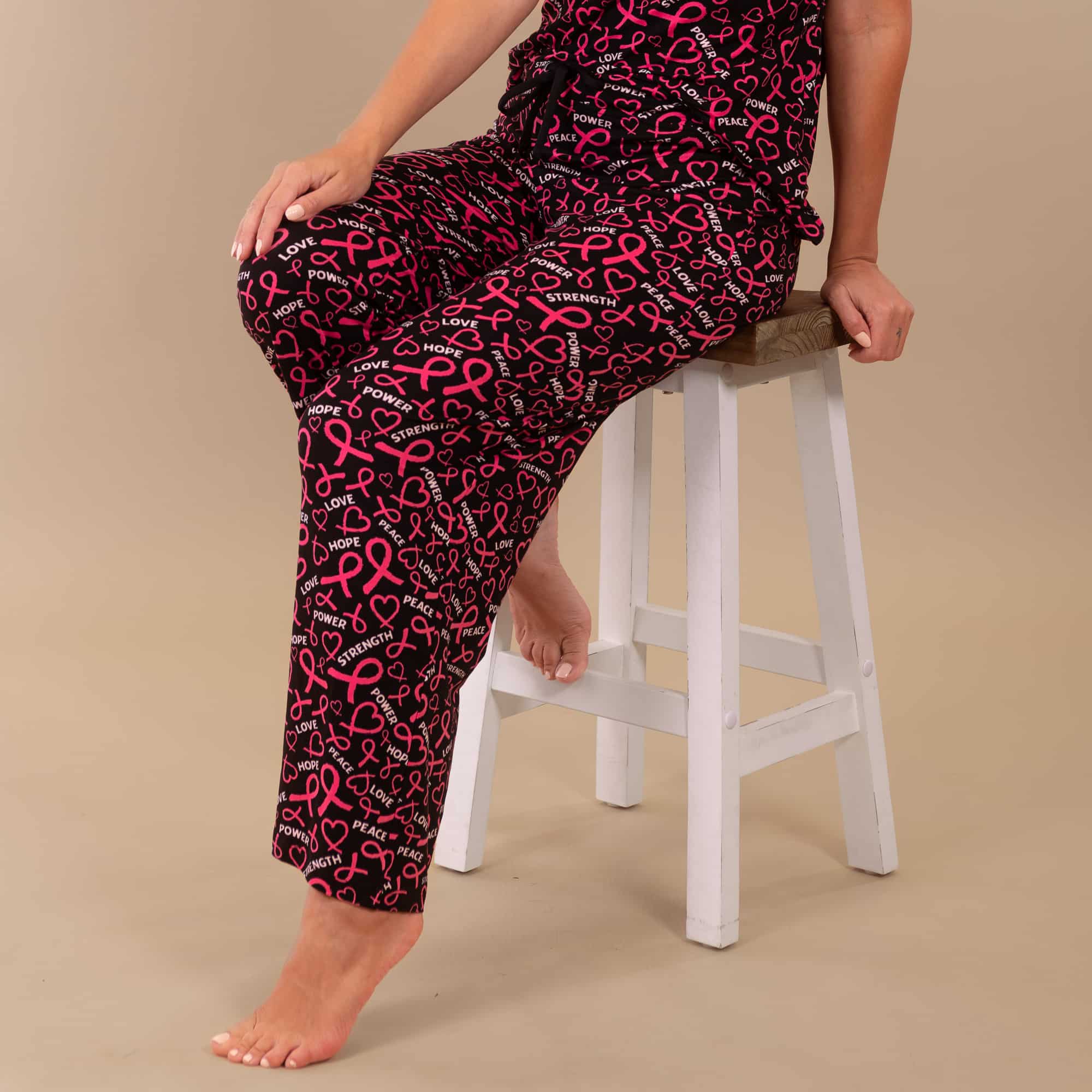 Pink Ribbon Hearts Pajama Pants Breast Cancer Awareness PJs