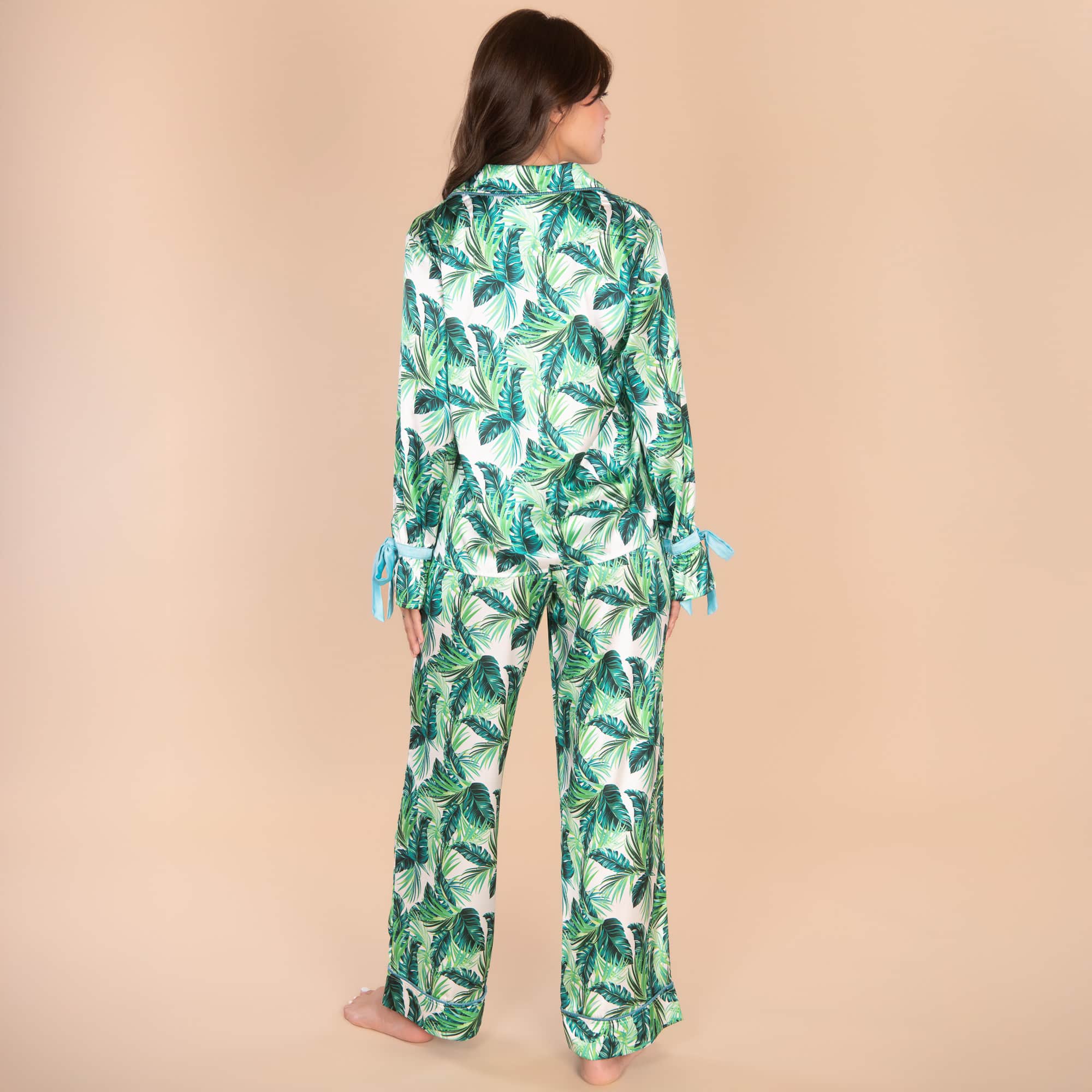 Royal Palm Satin Pajama Pants | Silk Green Leaves PJ Bottoms