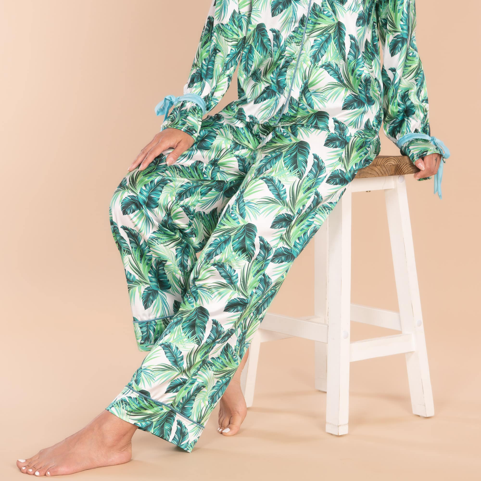 Royal Palm Satin Pajama Pants | Silk Green Leaves PJ Bottoms
