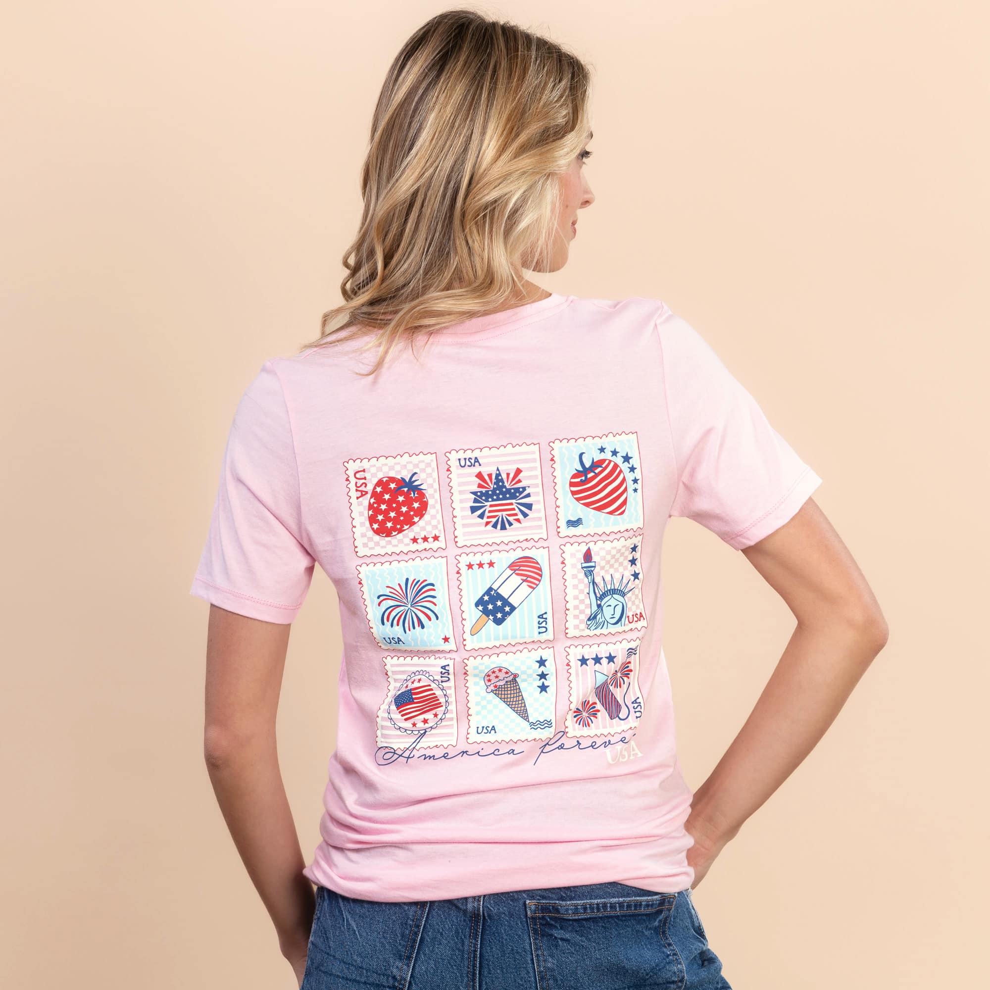 American Stamps | Women's Pink Short-Sleeve 4th of July Tee