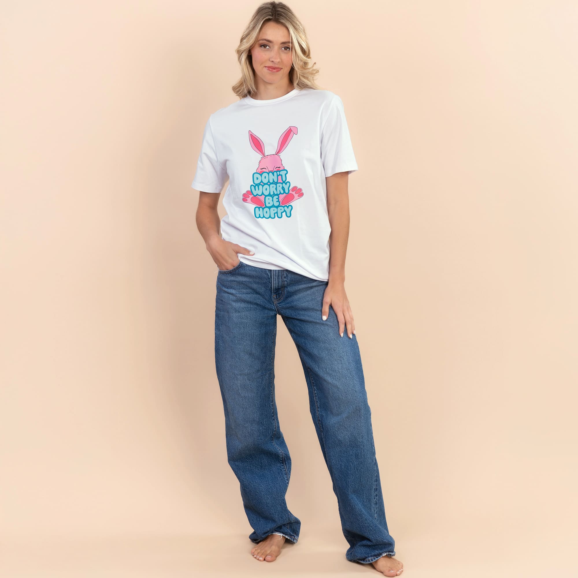 Don't Worry Be Hoppy | Women's White Short-Sleeve Easter Tee