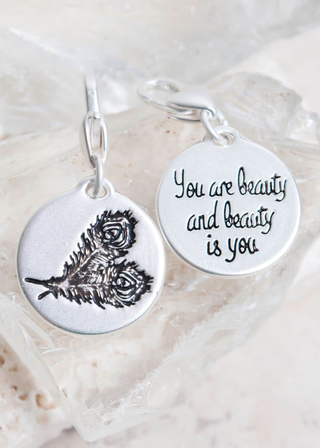 Silver 1-Tone Medallion - Peacock Feathers "You Are Beautiful"
