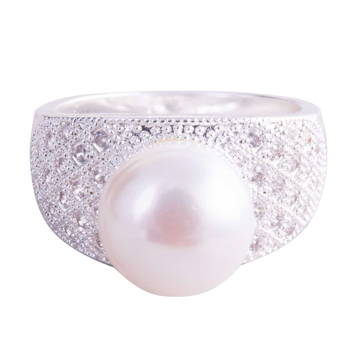 Pearl Ring with Diamond Crystals - Natural White Size 8
