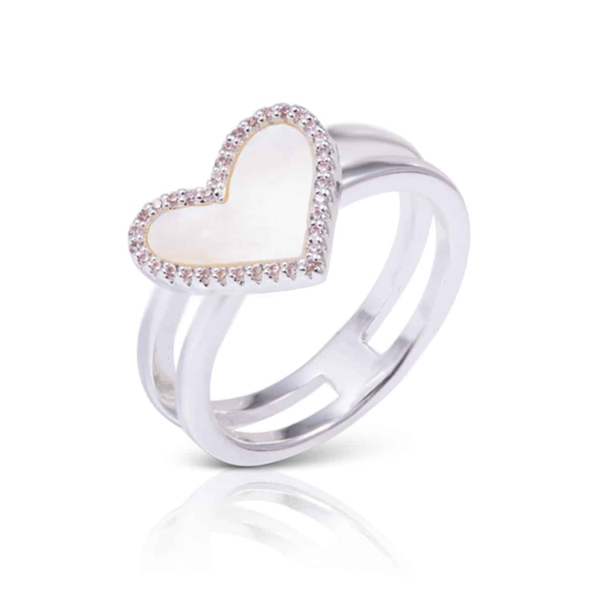 MOP Heart Double Band Ring - Size 8 - Silver