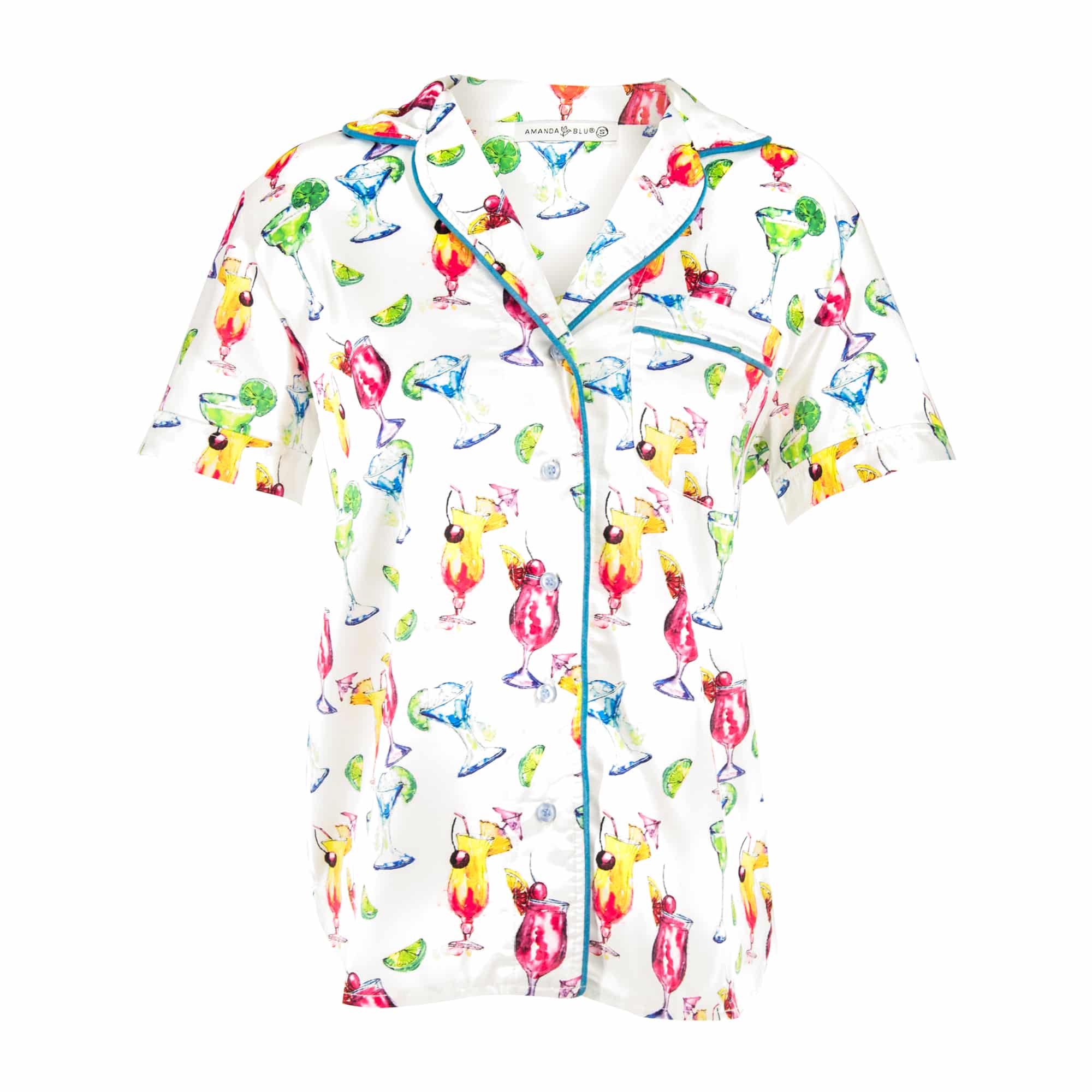 Dreamy Drinks Silky Satin Pajama Top | White Silk PJs