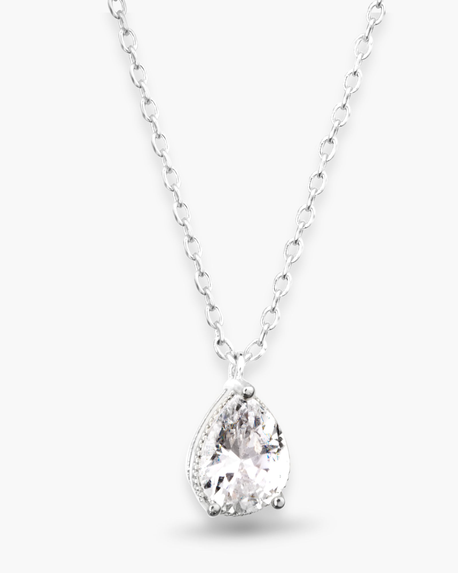 CZ Pear Shaped Solitaire Necklace - Silver