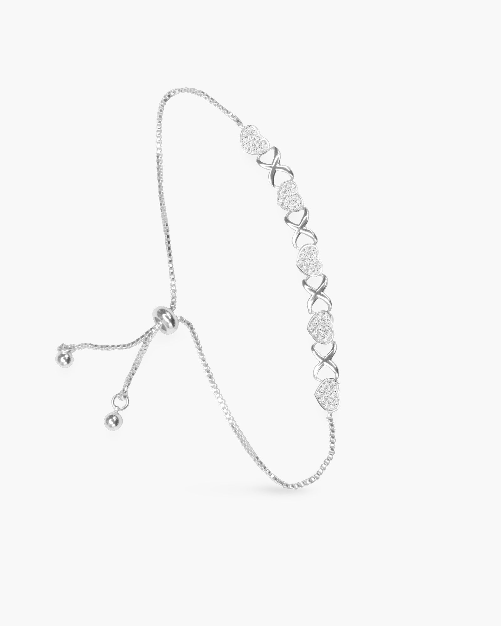 Five Pave Heart Pull-Cord Bracelet - Silver