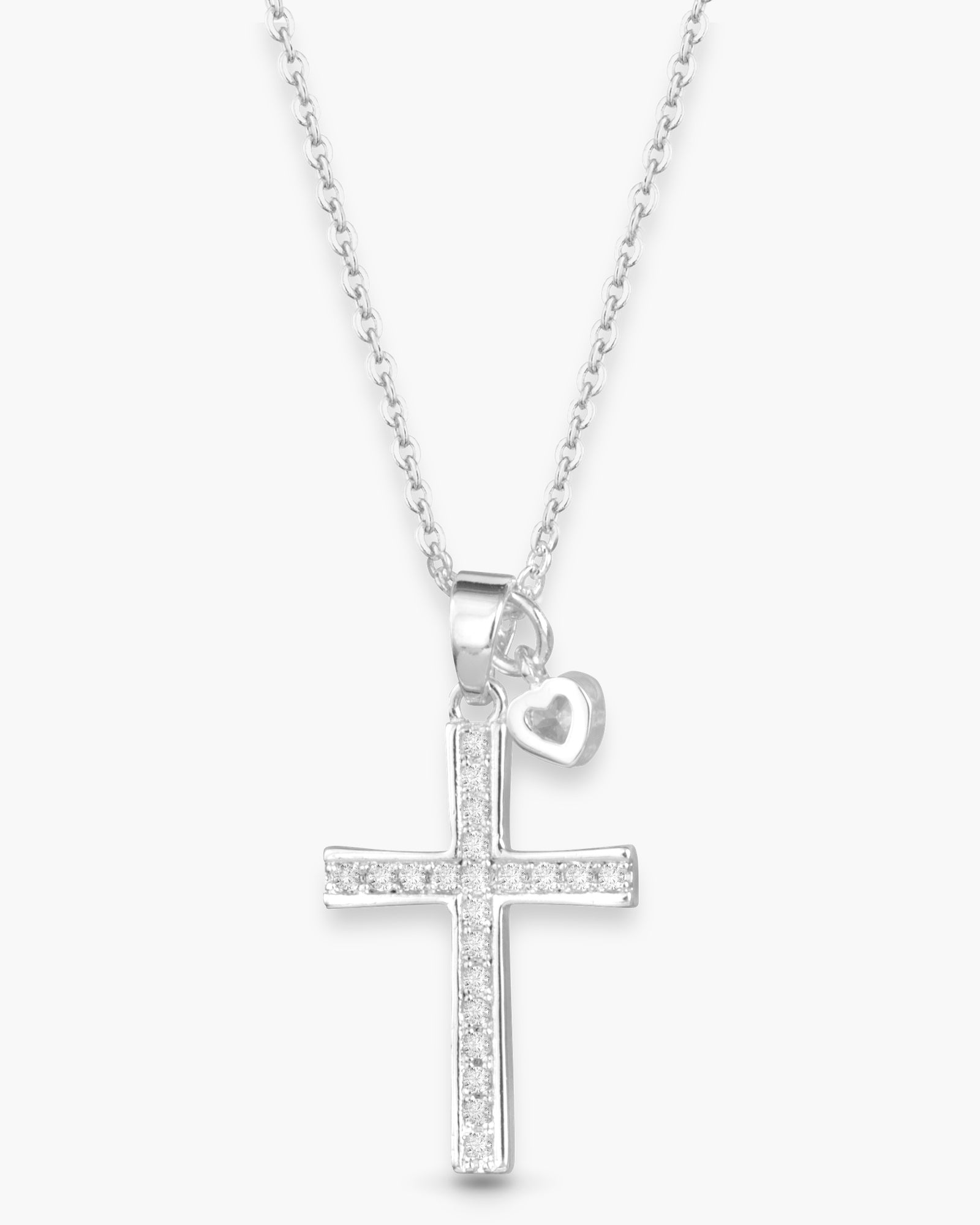 Pave Cross with Heart Droplet Necklace - Silver