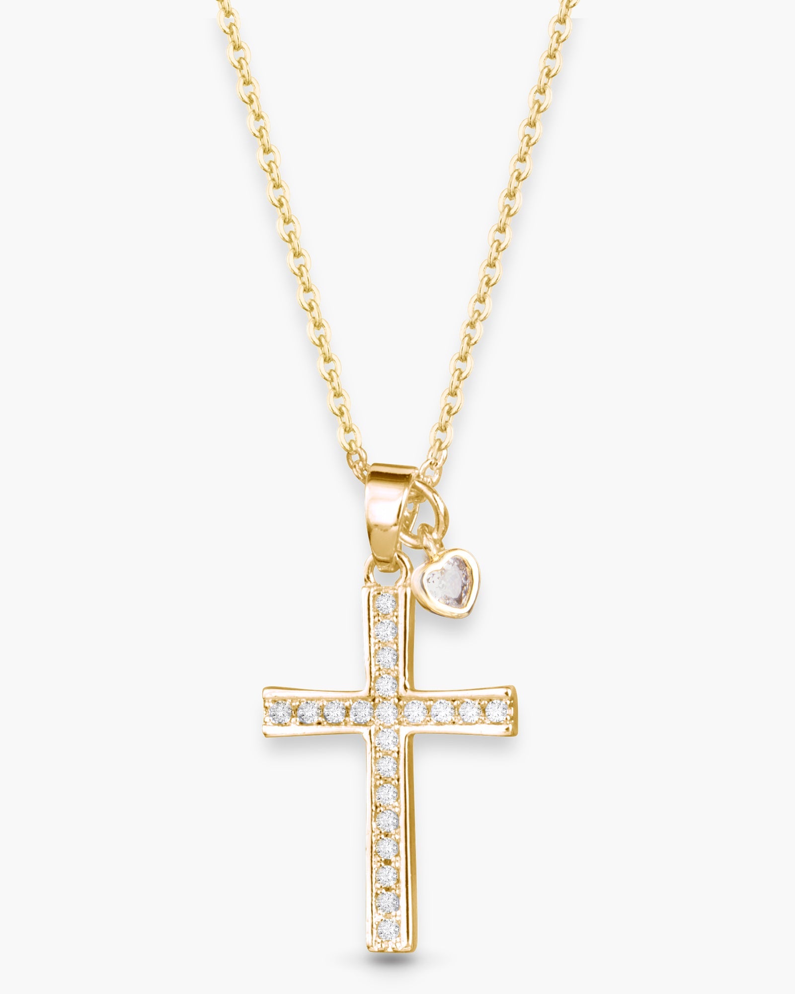 Pave Cross with Heart Droplet Necklace - Gold