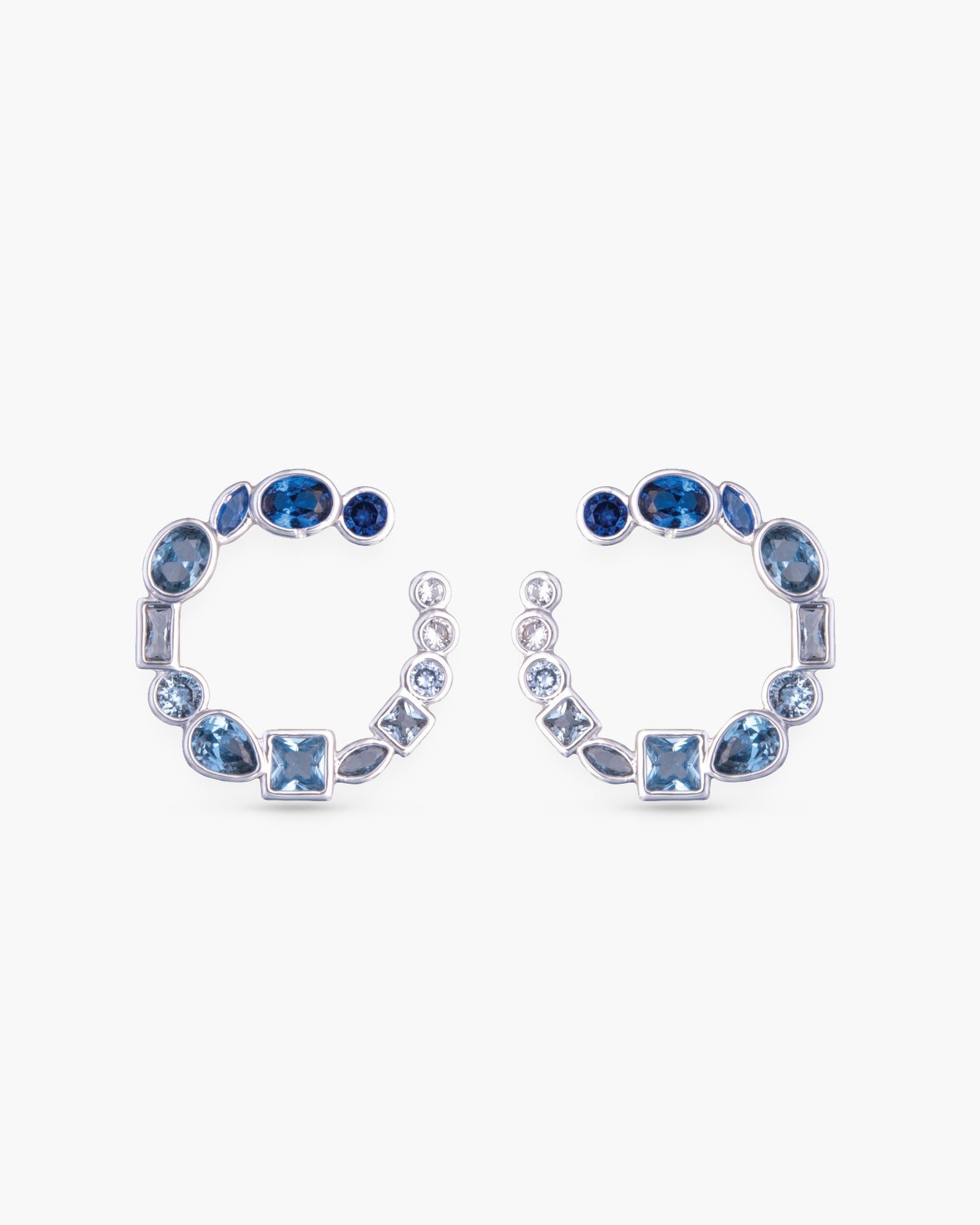 Blue Multi-Cut CZ Half Circle Earrings - Silver