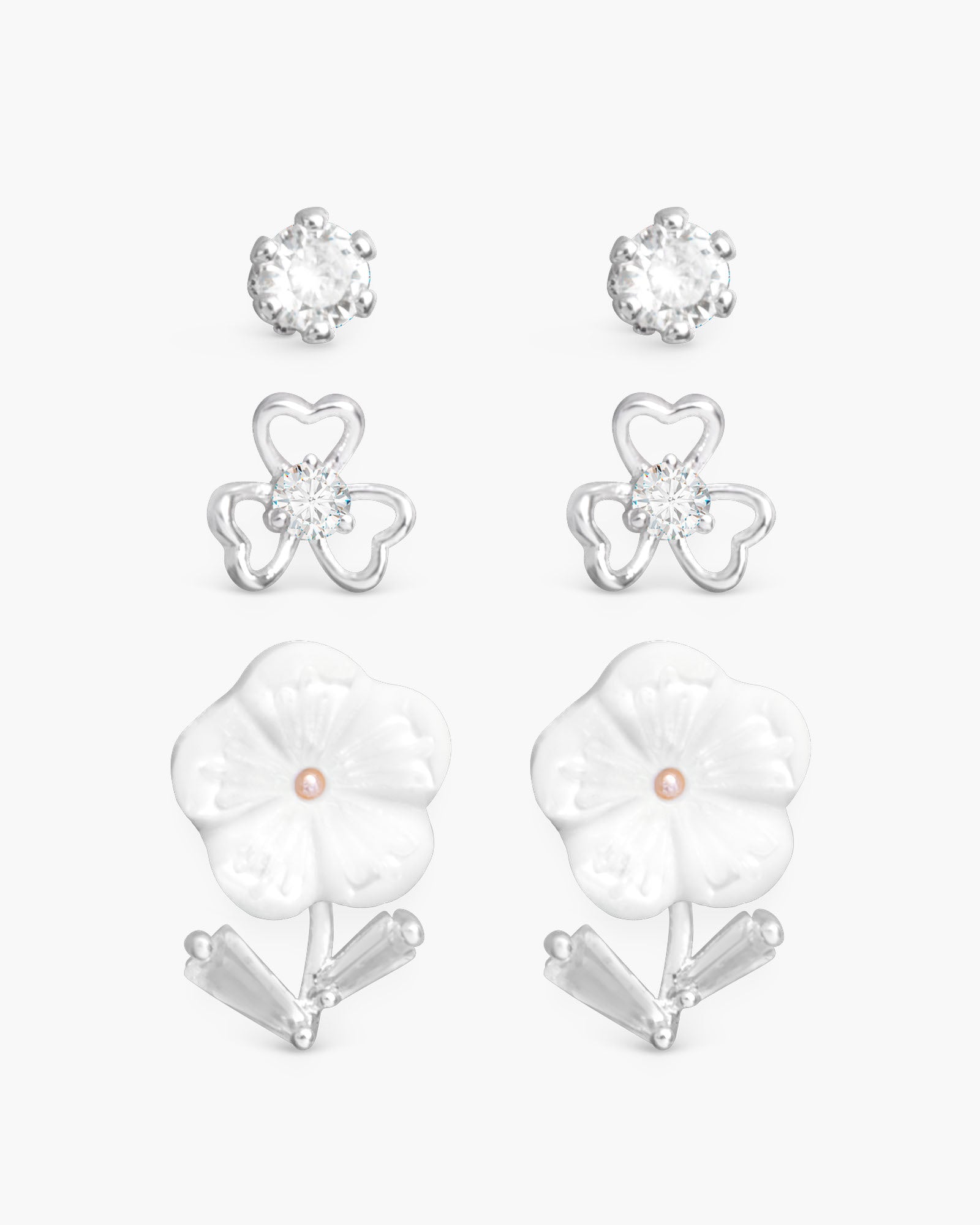CZ and Mother of Pearl Flower and Studs Earring Set - Silver