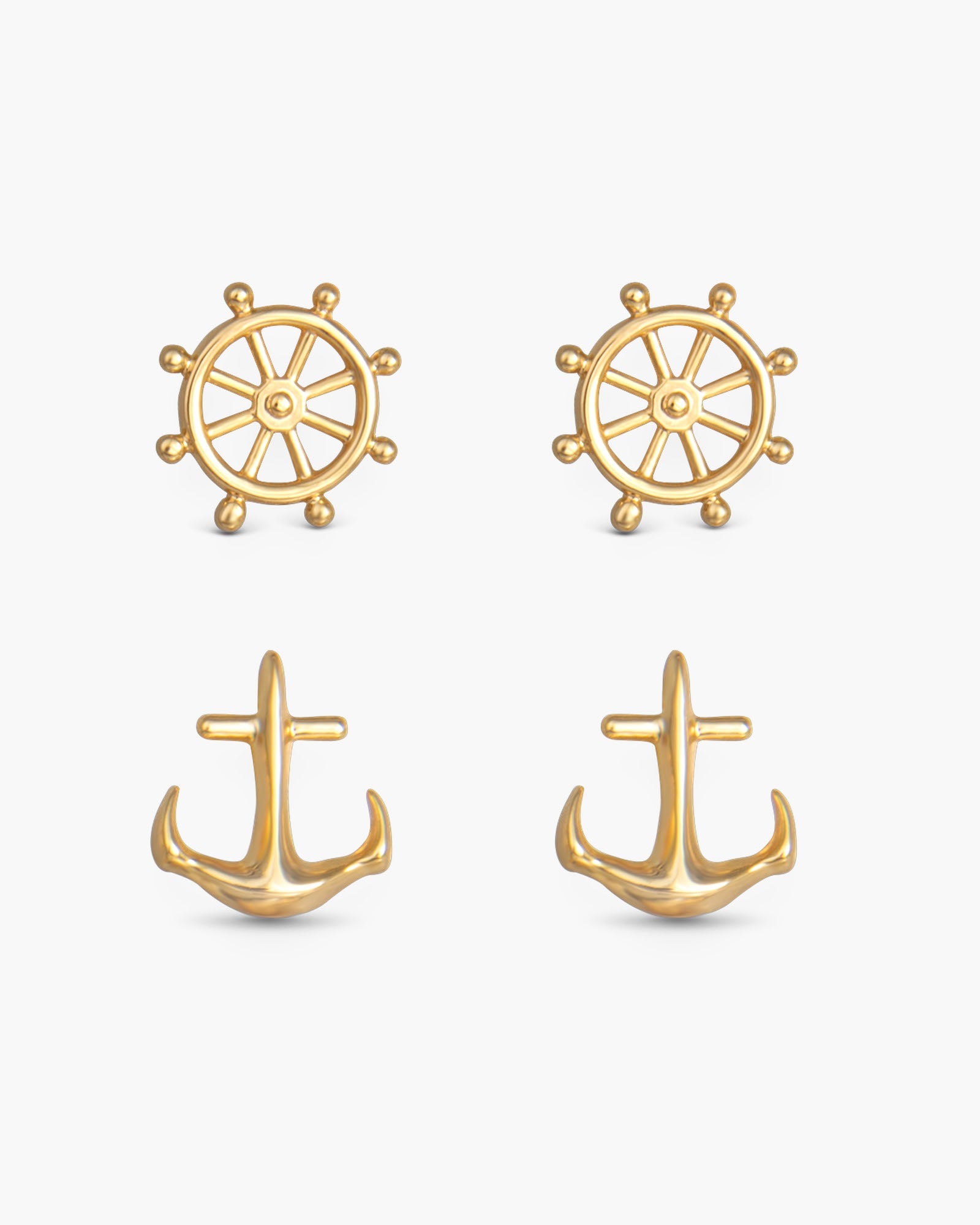 Ship Wheel and Anchor Duo Earring Set - Gold