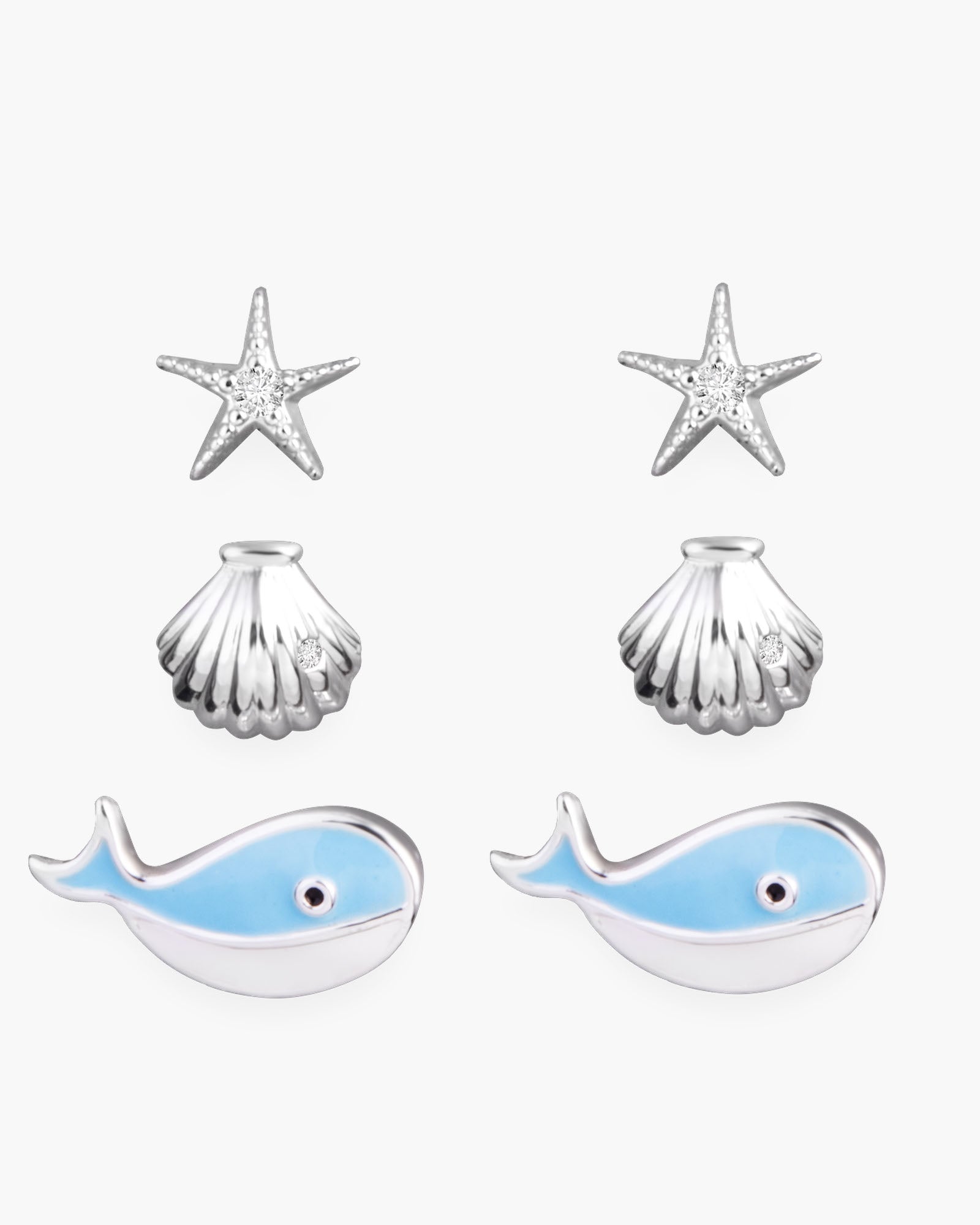 Whale, Starfish, and Shell Trio Post Earring Set - Silver